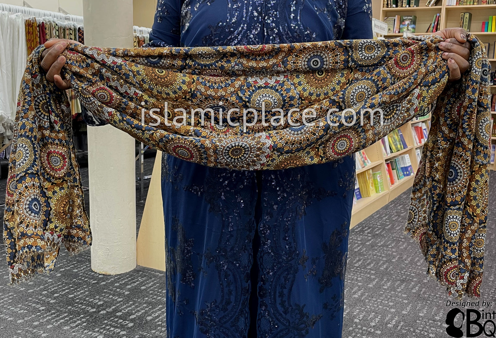 Rust, Navy, Gold, Brown and Burgundy Stained Glass Design - Soft Viscose Printed Shayla Long Rectangle Hijab 34"x72"