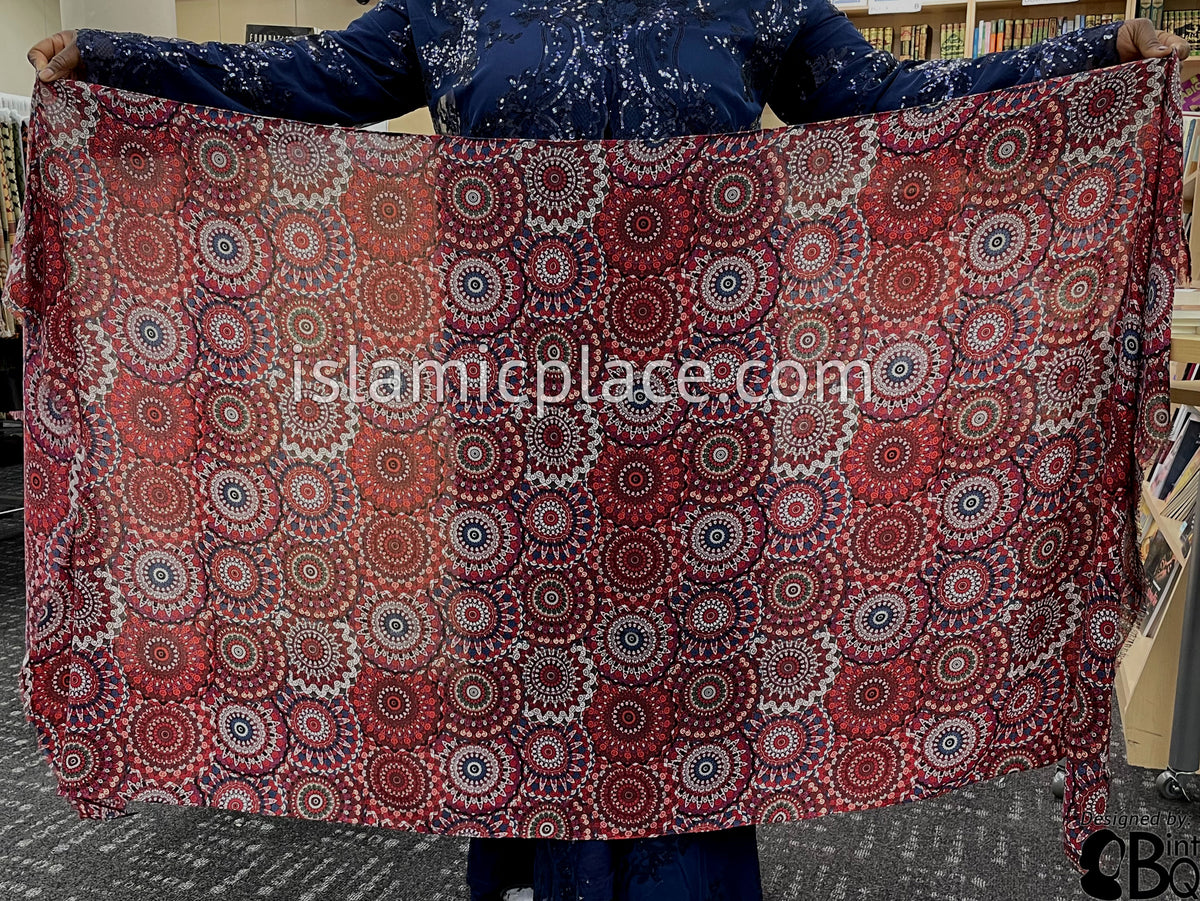 Burgundy, Red, Pink, Navy Blue and Gray Stained Glass Design - Soft Viscose Printed Shayla Long Rectangle Hijab 34"x72"