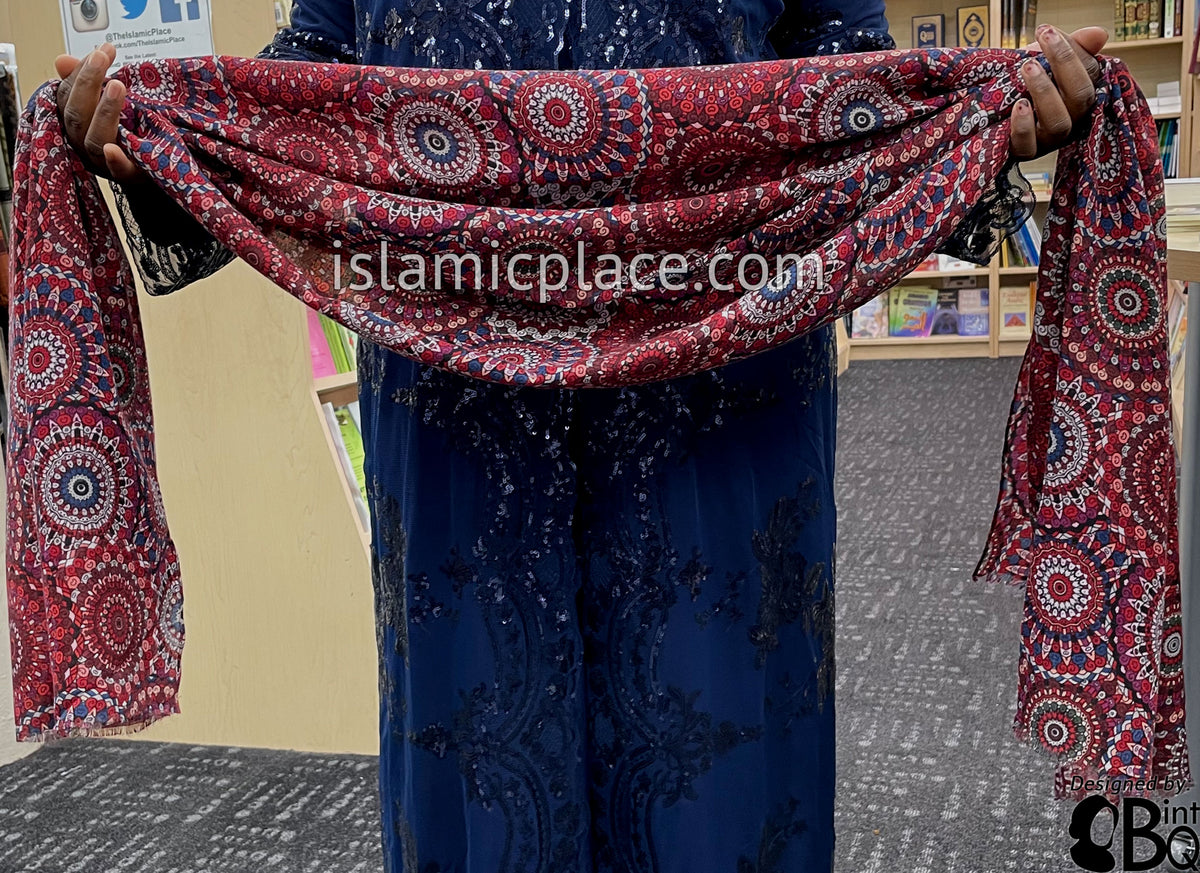 Burgundy, Red, Pink, Navy Blue and Gray Stained Glass Design - Soft Viscose Printed Shayla Long Rectangle Hijab 34"x72"