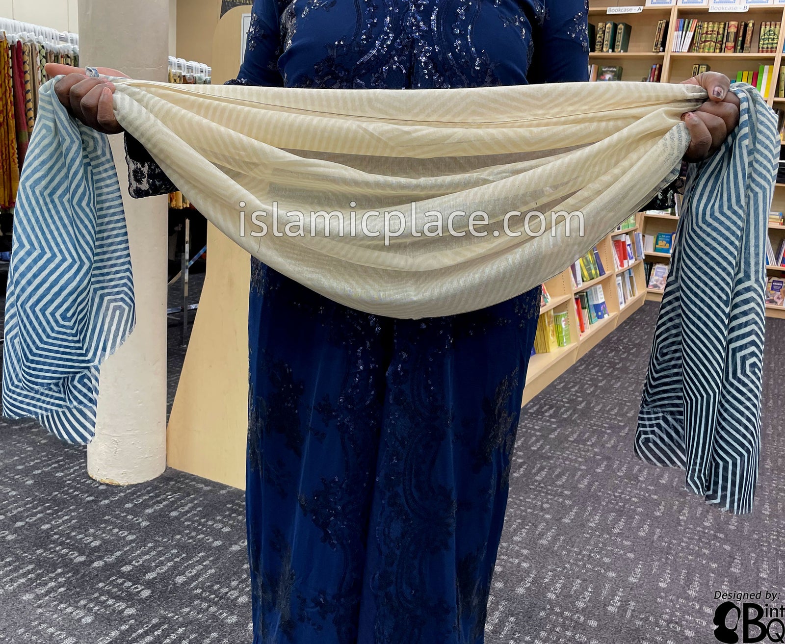 Navy Blue, Cream and Oatmeal Maze Gradient - Soft Viscose Printed Shayla Long Rectangle Hijab 34"x72"