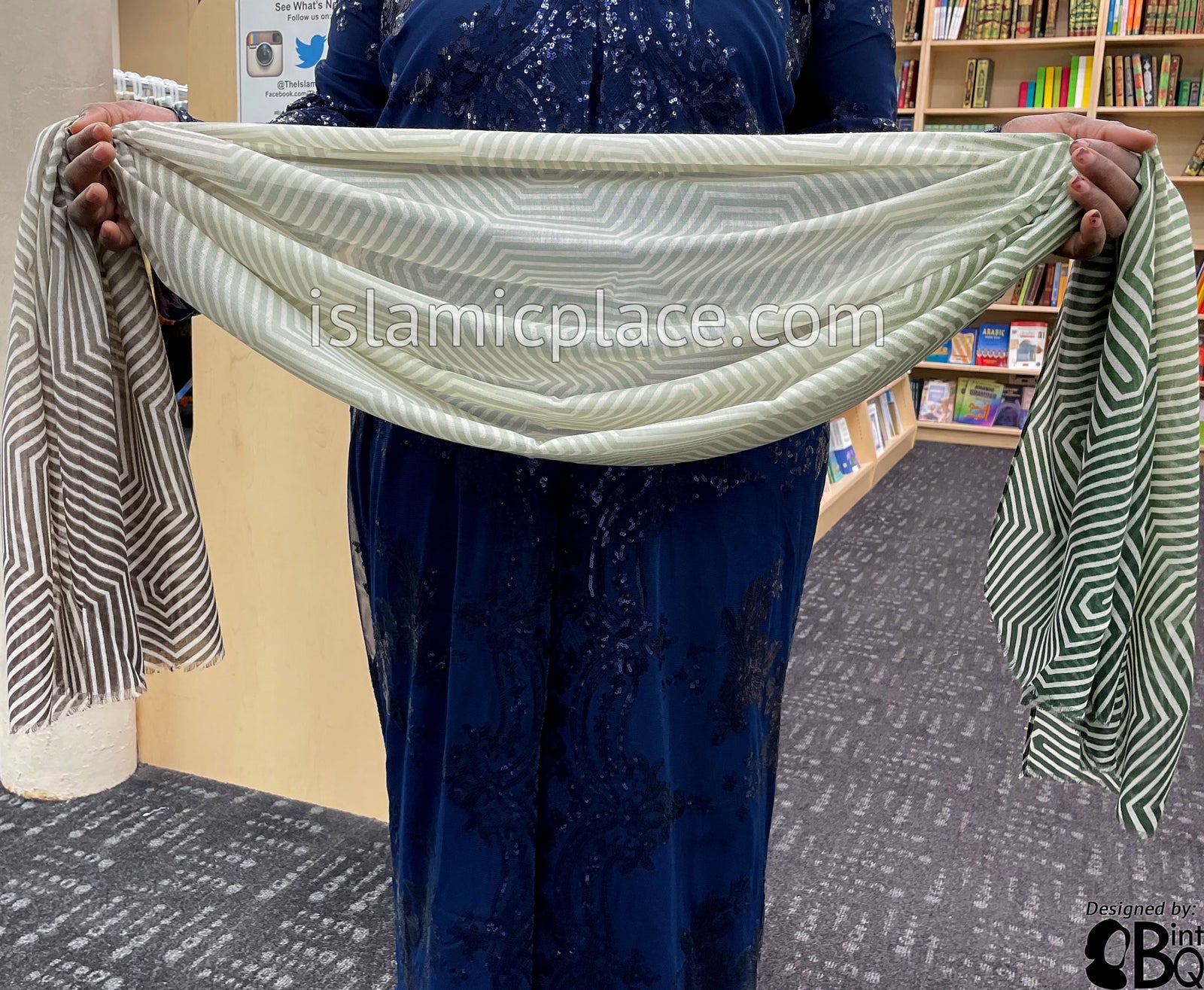 Dark Green, Sage Green, Off-White and Brown Maze Gradient - Soft Viscose Printed Shayla Long Rectangle Hijab 34"x72"