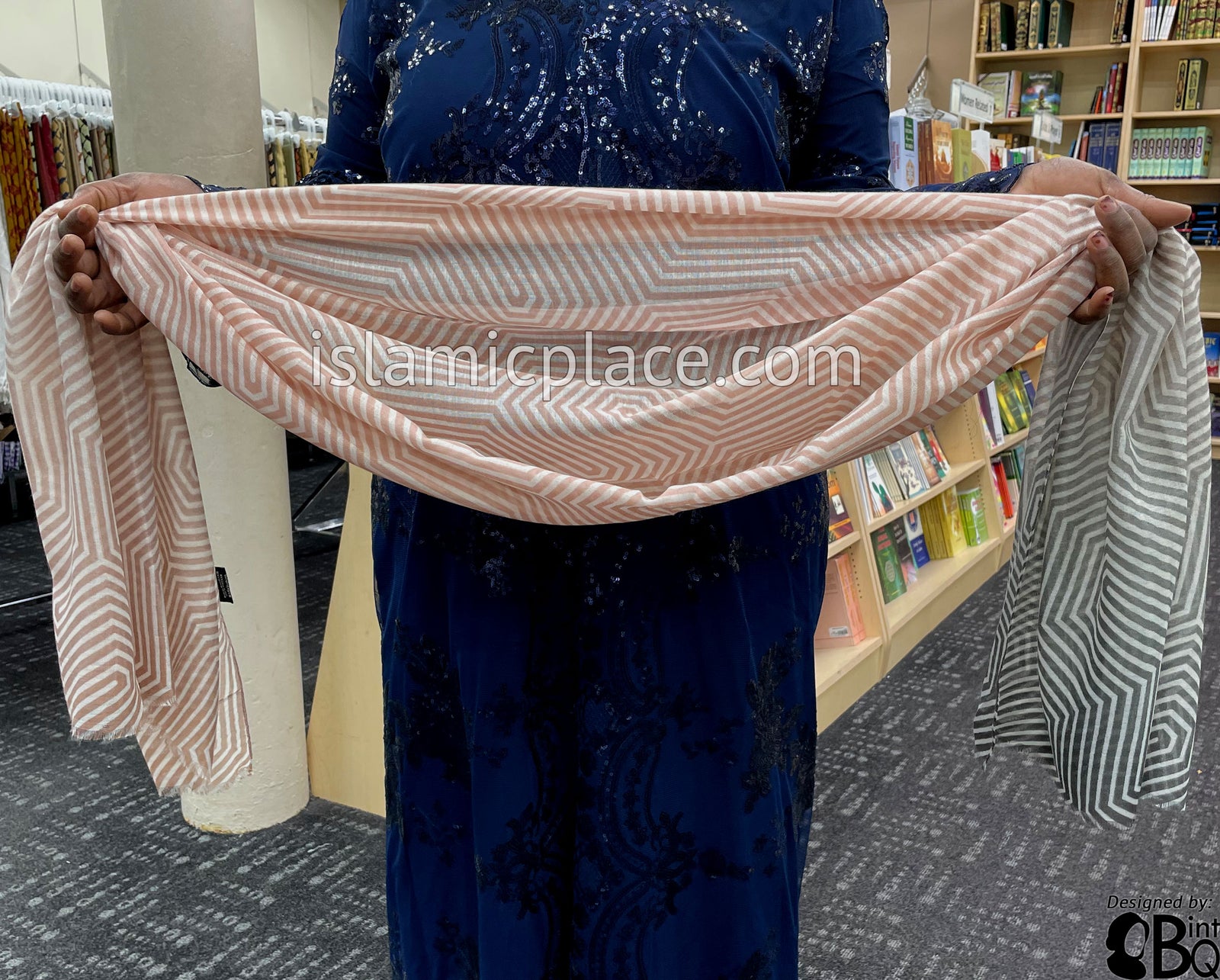 Dusty Pink, Black, Glazed Pecan and Off-White Maze Gradient - Soft Viscose Printed Shayla Long Rectangle Hijab 34"x72"