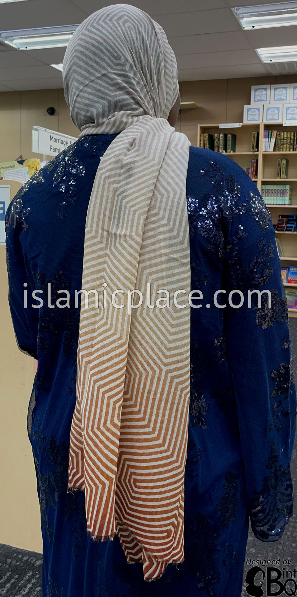Rust, Light Mauve, Brown and Off-White Maze Gradient - Soft Viscose Printed Shayla Long Rectangle Hijab 34&quot;x72&quot;