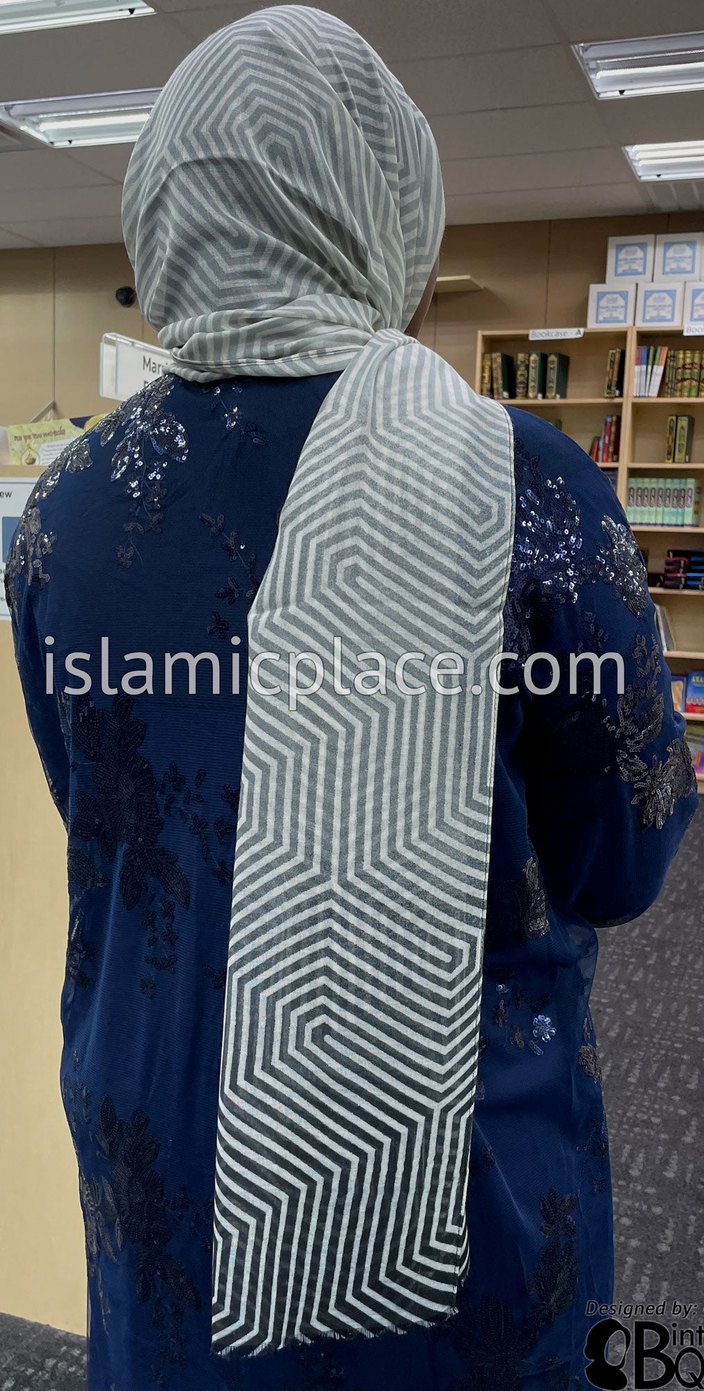 Black, Silver Gray, Charcoal Gray and Off-White Maze Gradient - Soft Viscose Printed Shayla Long Rectangle Hijab 34"x72"