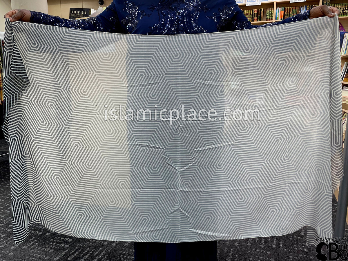 Black, Silver Gray, Charcoal Gray and Off-White Maze Gradient - Soft Viscose Printed Shayla Long Rectangle Hijab 34"x72"