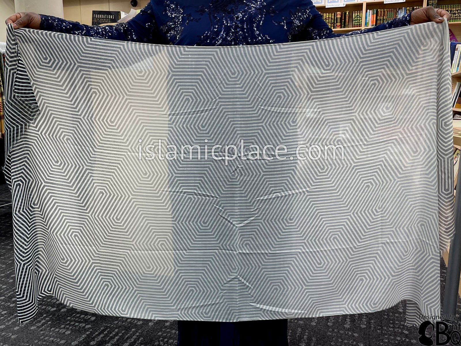 Black, Silver Gray, Charcoal Gray and Off-White Maze Gradient - Soft Viscose Printed Shayla Long Rectangle Hijab 34"x72"