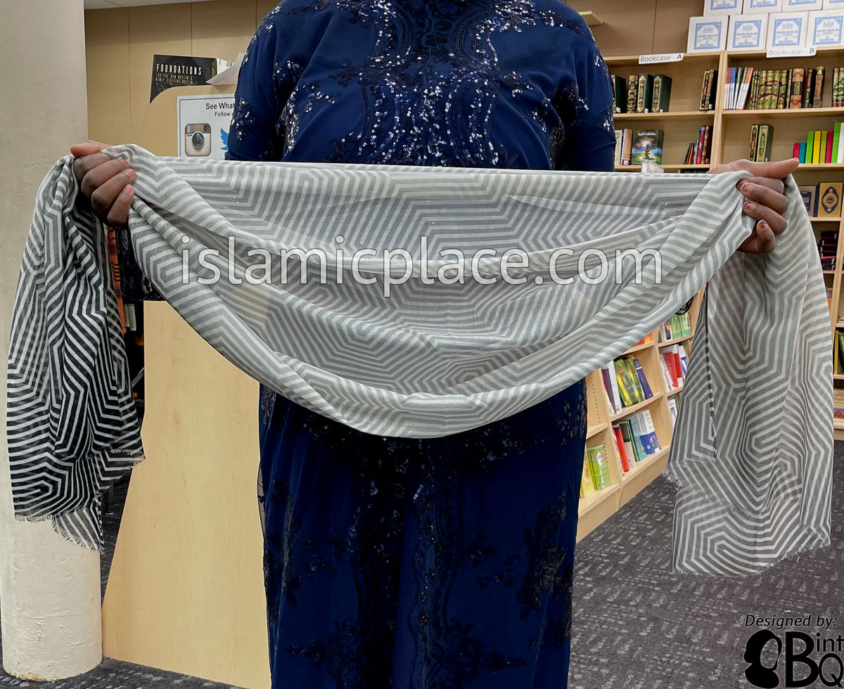 Black, Silver Gray, Charcoal Gray and Off-White Maze Gradient - Soft Viscose Printed Shayla Long Rectangle Hijab 34"x72"
