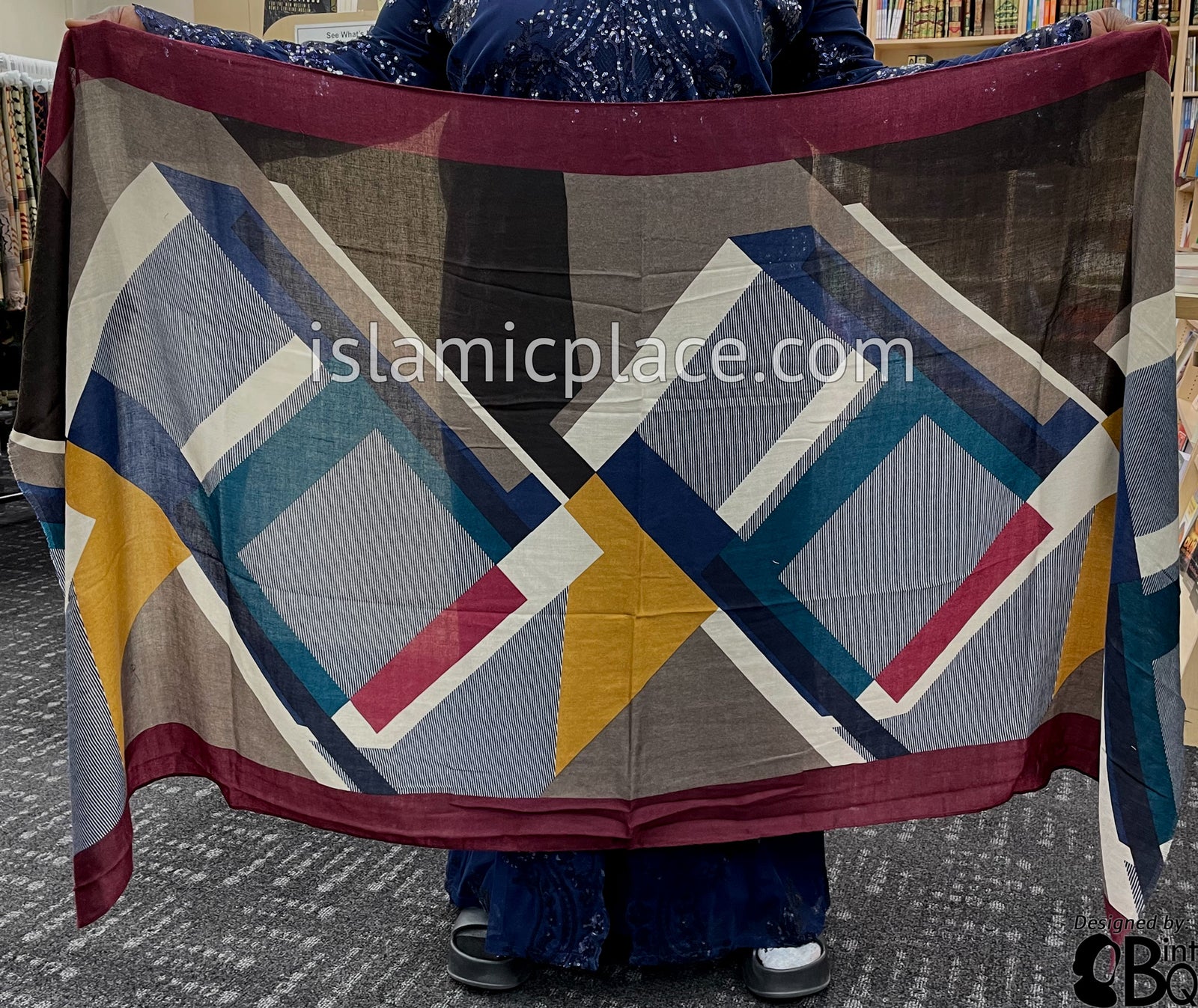 Burgundy, Brown, Navy Blue, Gray and Cream Abstract Rectangles- Soft Viscose Printed Shayla Long Rectangle Hijab 34"x72"