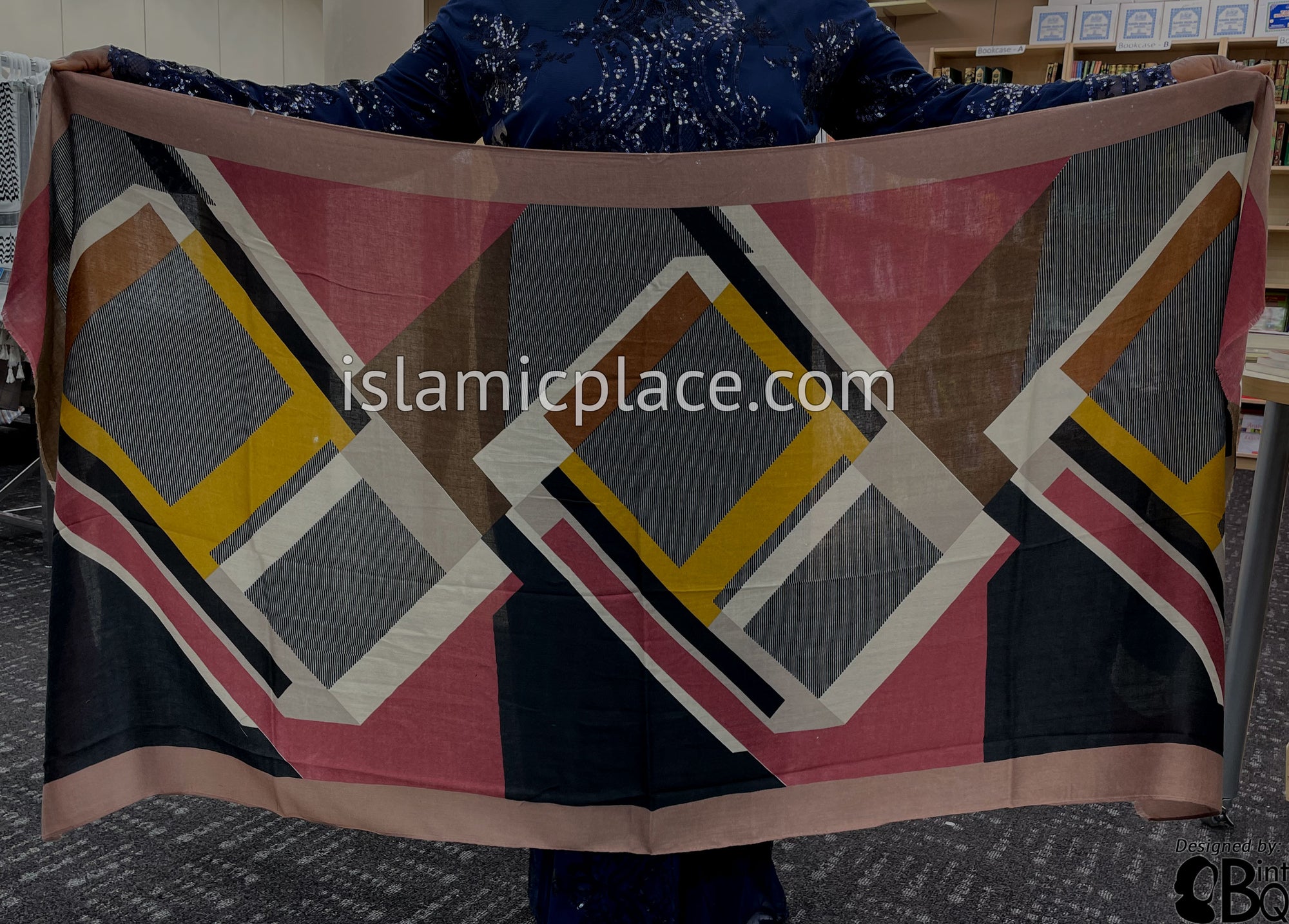 Dusty Rose, Clay Red, Gold, Black and Brown Abstract Rectangles- Soft Viscose Printed Shayla Long Rectangle Hijab 34"x72"