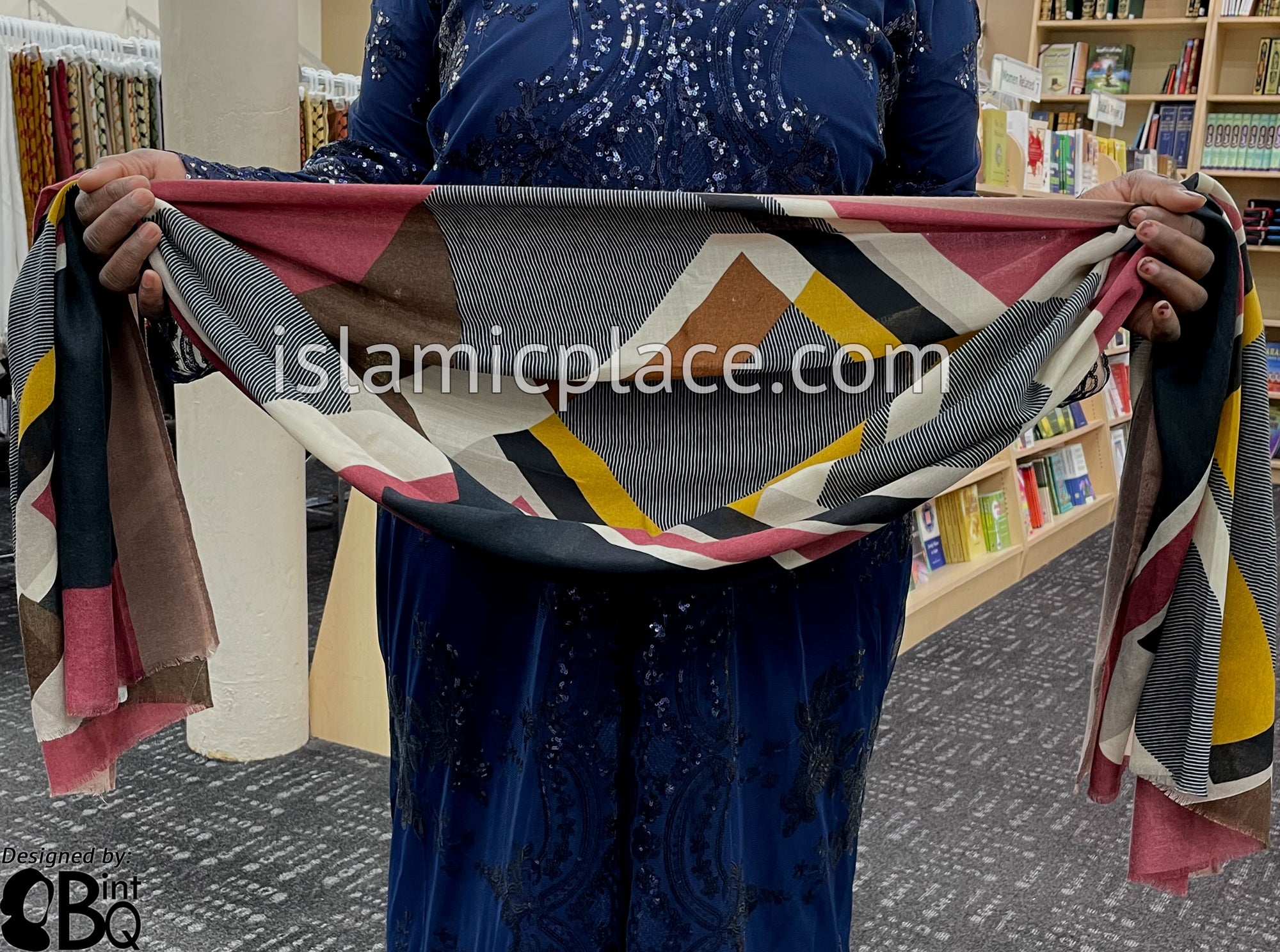 Dusty Rose, Clay Red, Gold, Black and Brown Abstract Rectangles- Soft Viscose Printed Shayla Long Rectangle Hijab 34"x72"