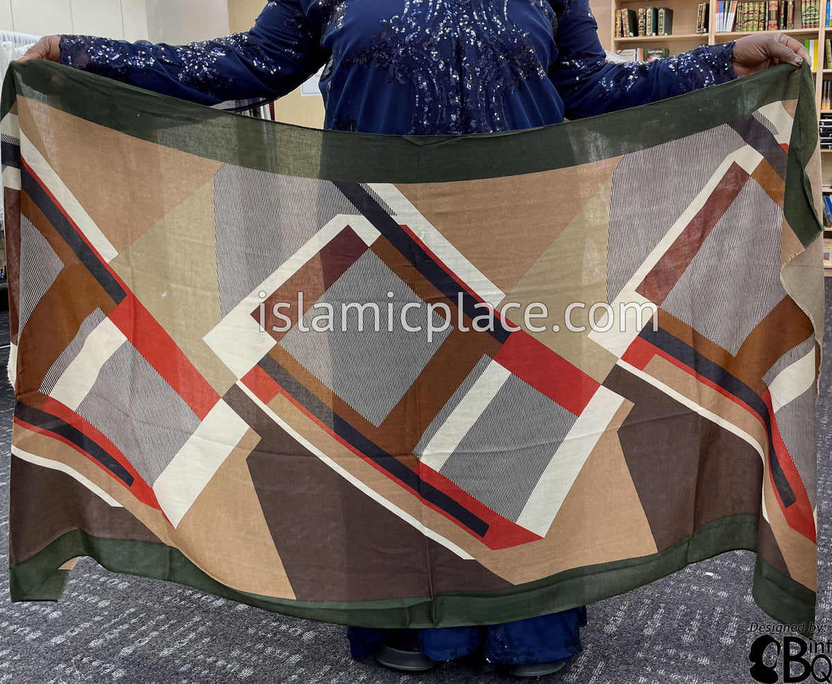 Green, Glazed Pecan, Brown and Black Abstract Rectangles- Soft Viscose Printed Shayla Long Rectangle Hijab 34"x72"