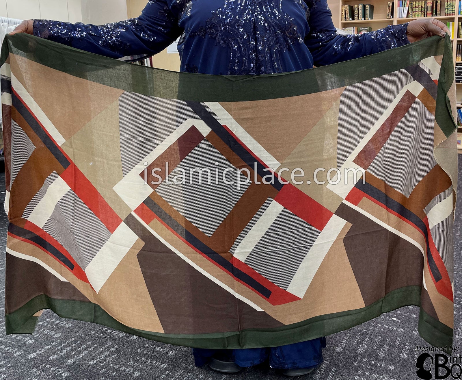 Green, Glazed Pecan, Brown and Black Abstract Rectangles- Soft Viscose Printed Shayla Long Rectangle Hijab 34"x72"