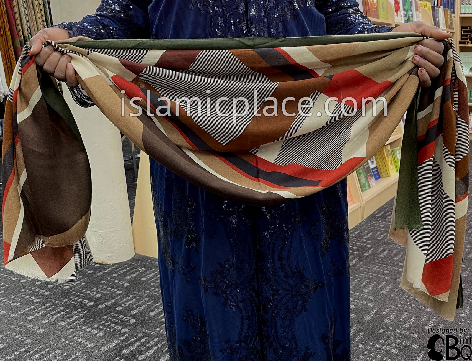 Green, Glazed Pecan, Brown and Black Abstract Rectangles- Soft Viscose Printed Shayla Long Rectangle Hijab 34"x72"