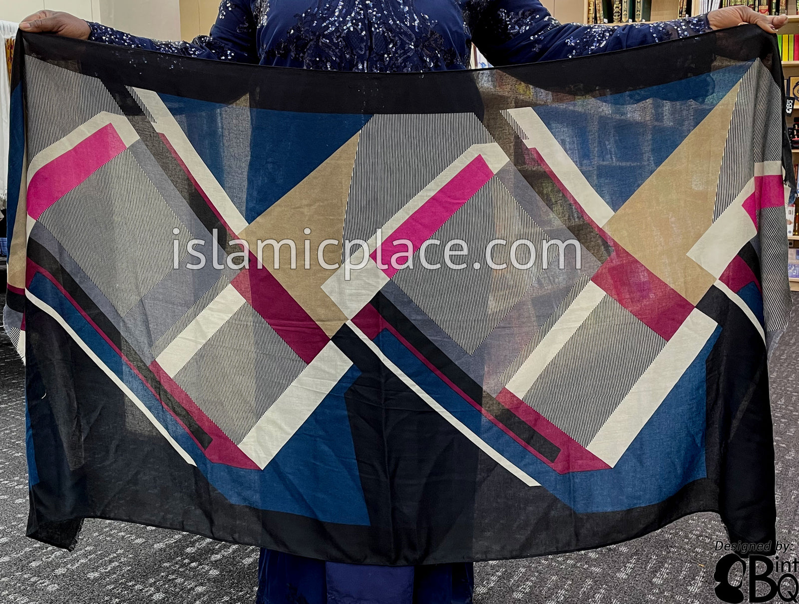 Black, Teal, Eggplant, Off-White and Pink Abstract Rectangles- Soft Viscose Printed Shayla Long Rectangle Hijab 34"x72"