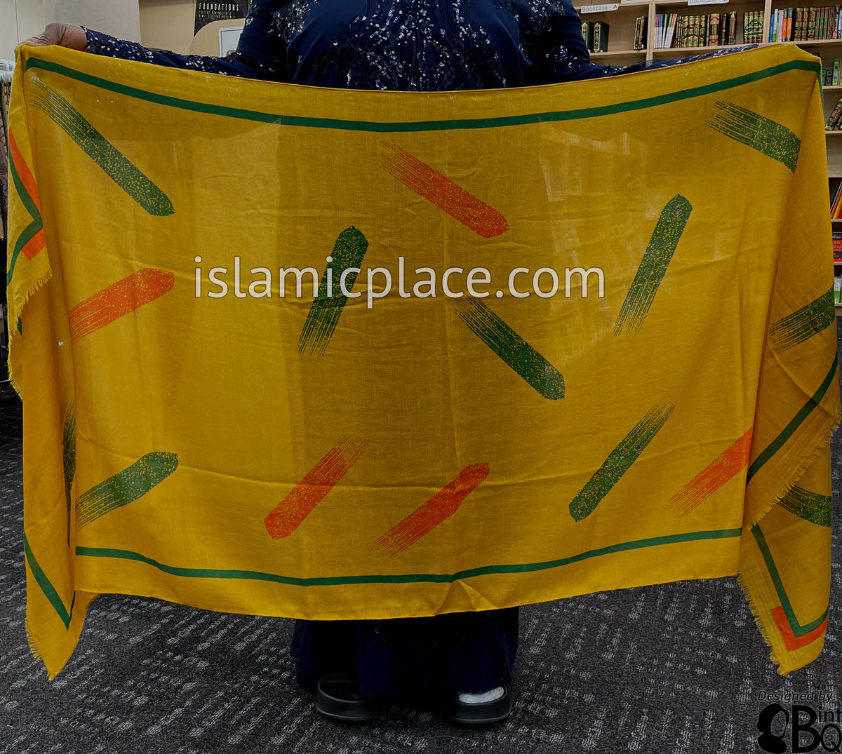 Gold with Green and Red Paint Brush Stroke - Soft Viscose Printed Shayla Long Rectangle Hijab 34"x72"