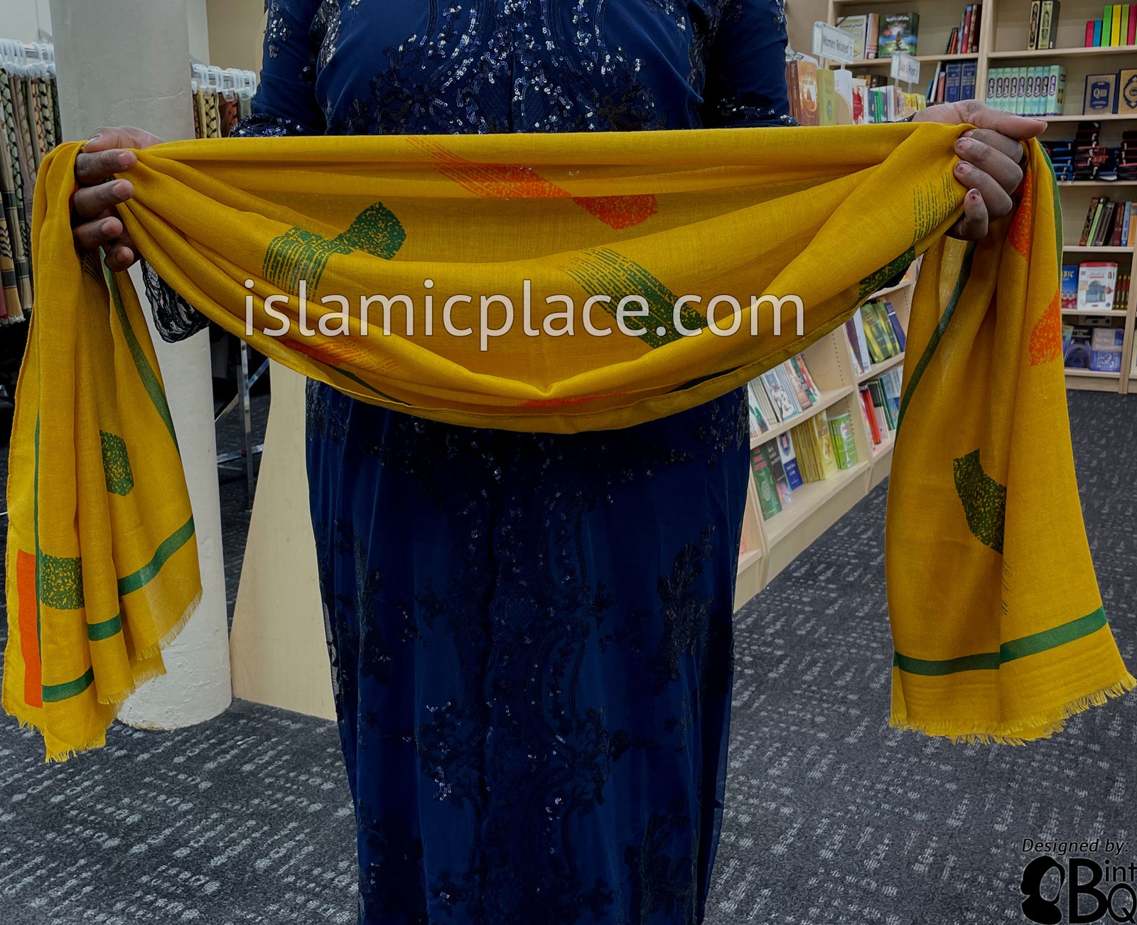 Gold with Green and Red Paint Brush Stroke - Soft Viscose Printed Shayla Long Rectangle Hijab 34"x72"