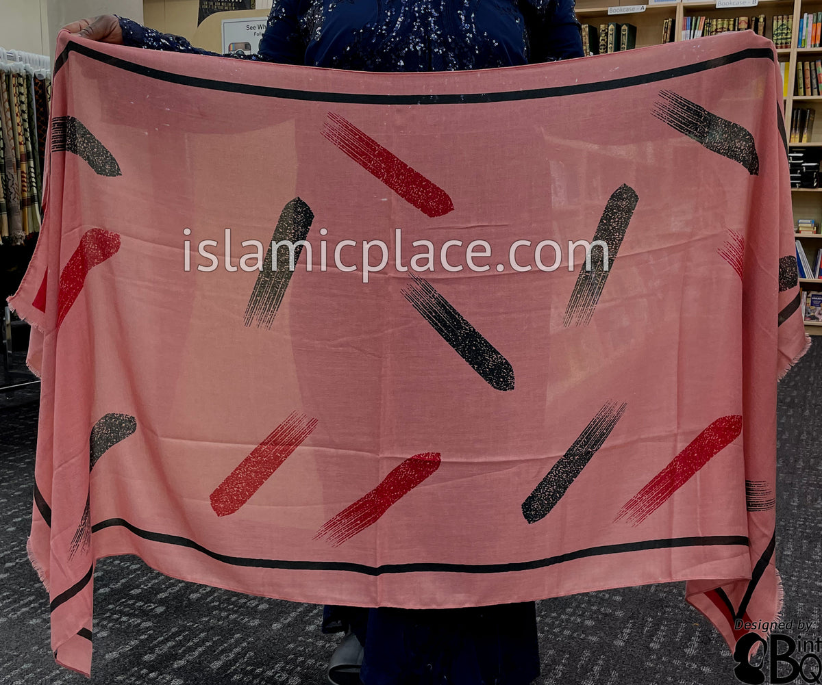 Pink with Black and Red Paint Brush Stroke - Soft Viscose Printed Shayla Long Rectangle Hijab 34"x72"