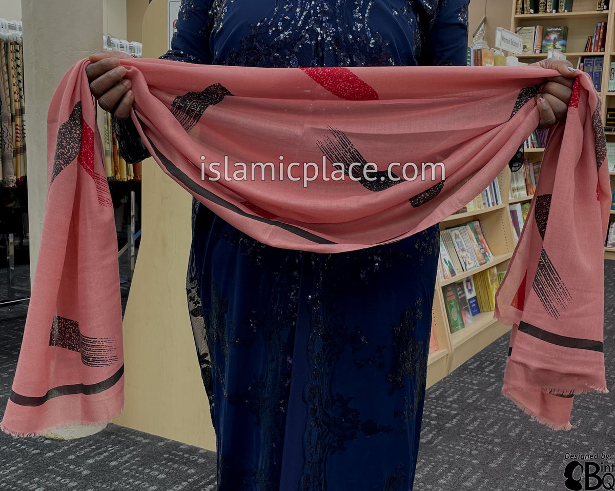 Pink with Black and Red Paint Brush Stroke - Soft Viscose Printed Shayla Long Rectangle Hijab 34"x72"