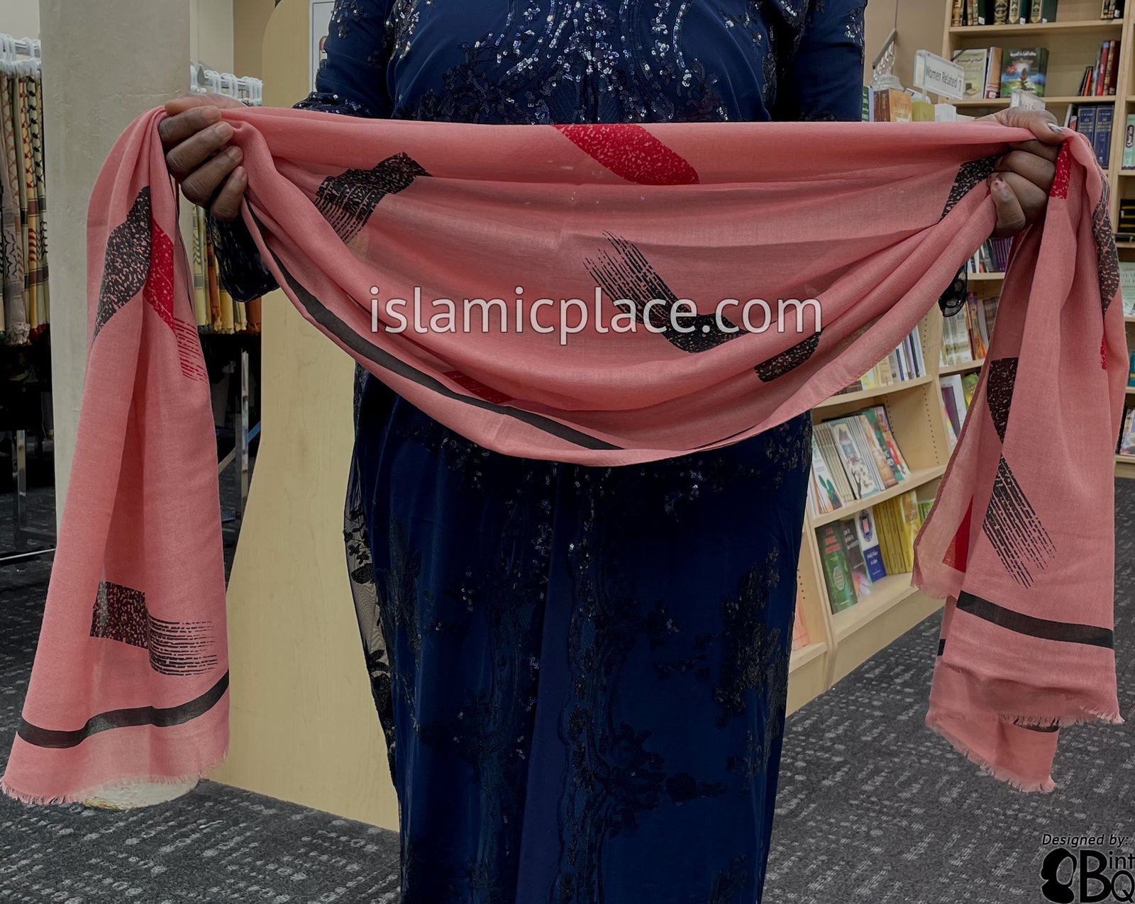 Pink with Black and Red Paint Brush Stroke - Soft Viscose Printed Shayla Long Rectangle Hijab 34"x72"