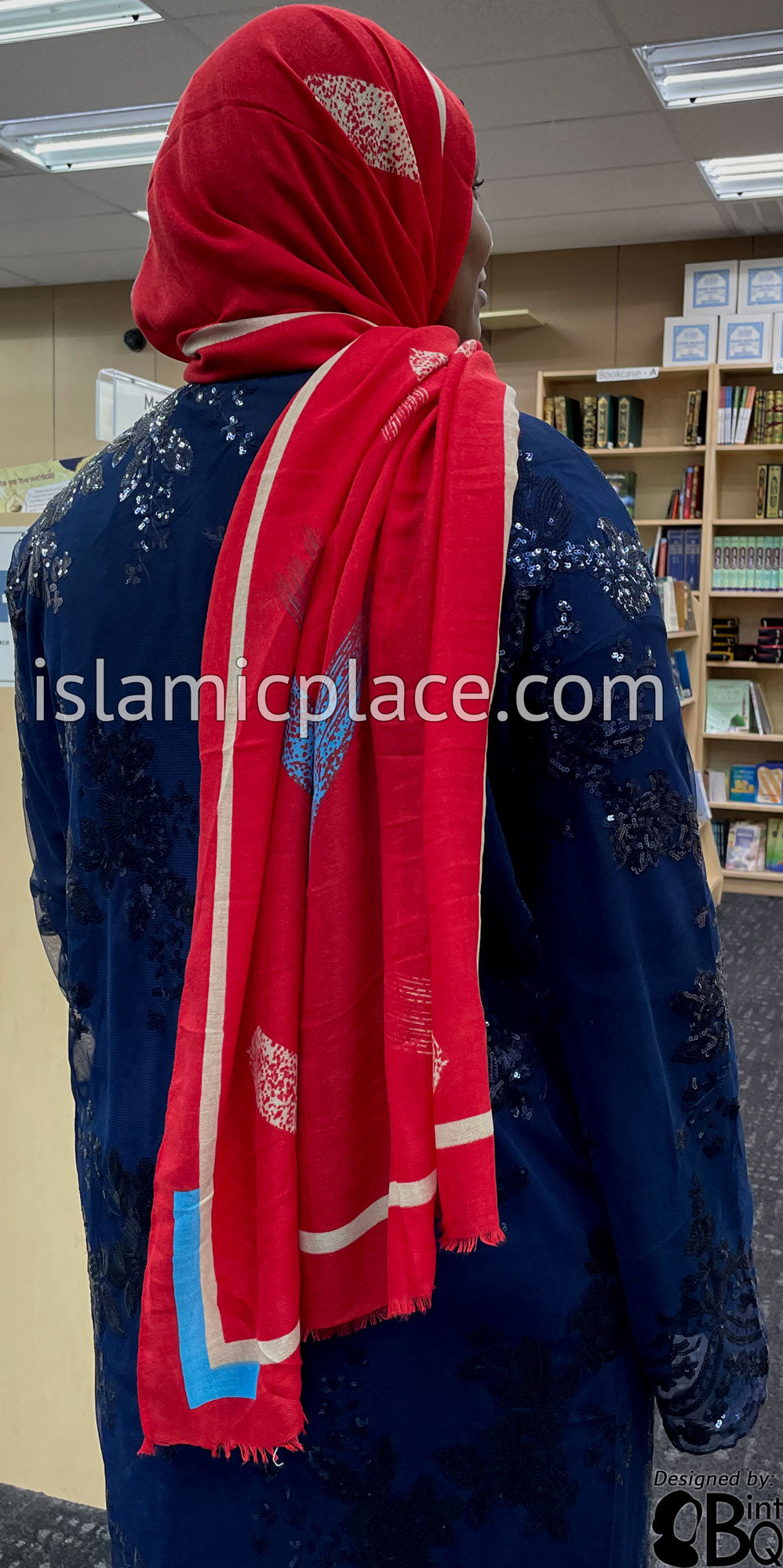 Red with Electric Blue and Oatmeal Paint Brush Stroke - Soft Viscose Printed Shayla Long Rectangle Hijab 34&quot;x72&quot;