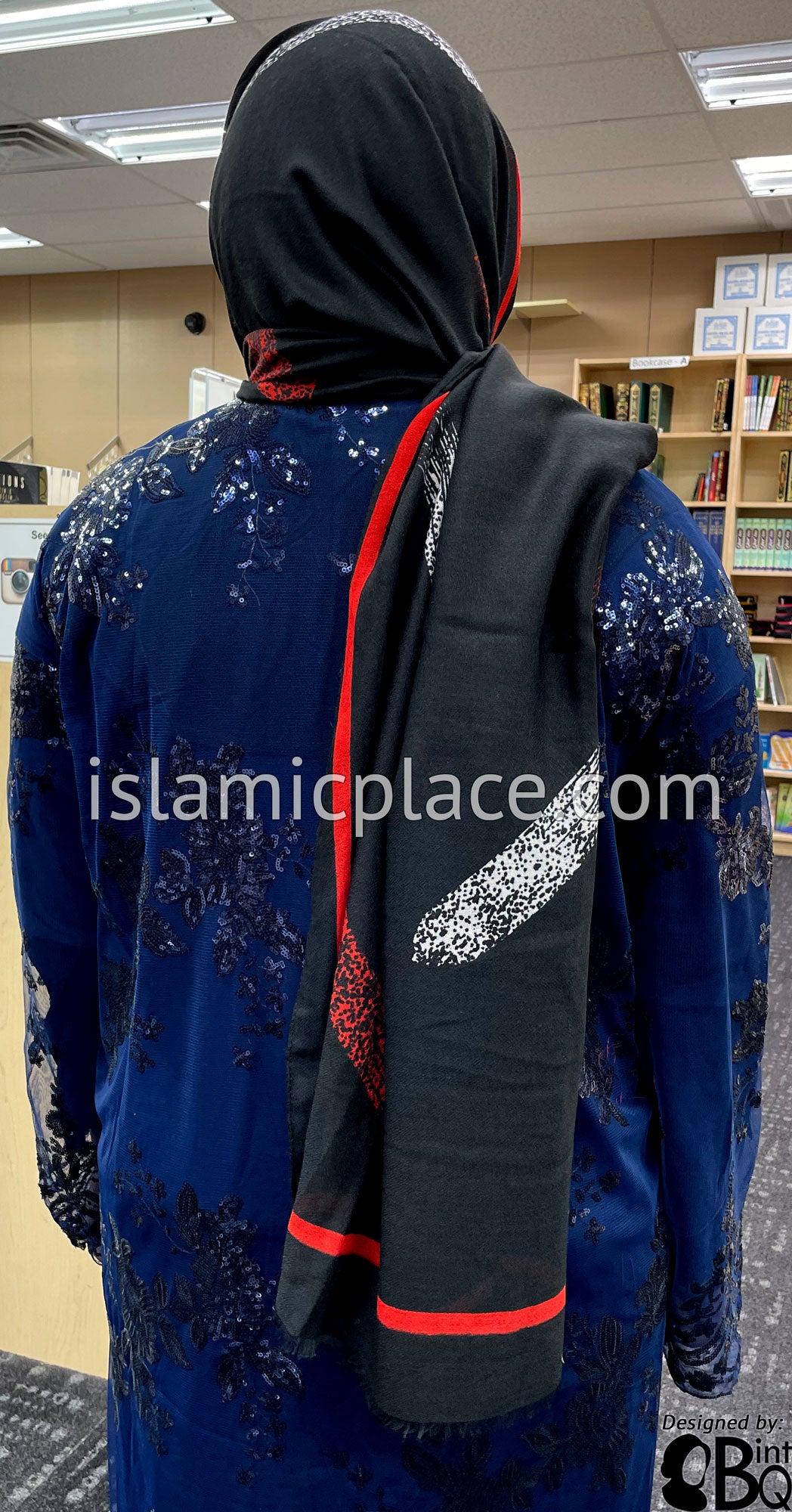 Black with Red and White Paint Brush Stroke - Soft Viscose Printed Shayla Long Rectangle Hijab 34&quot;x72&quot;
