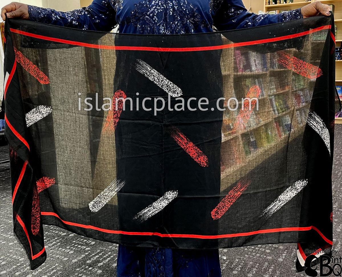 Black with Red and White Paint Brush Stroke - Soft Viscose Printed Shayla Long Rectangle Hijab 34"x72"
