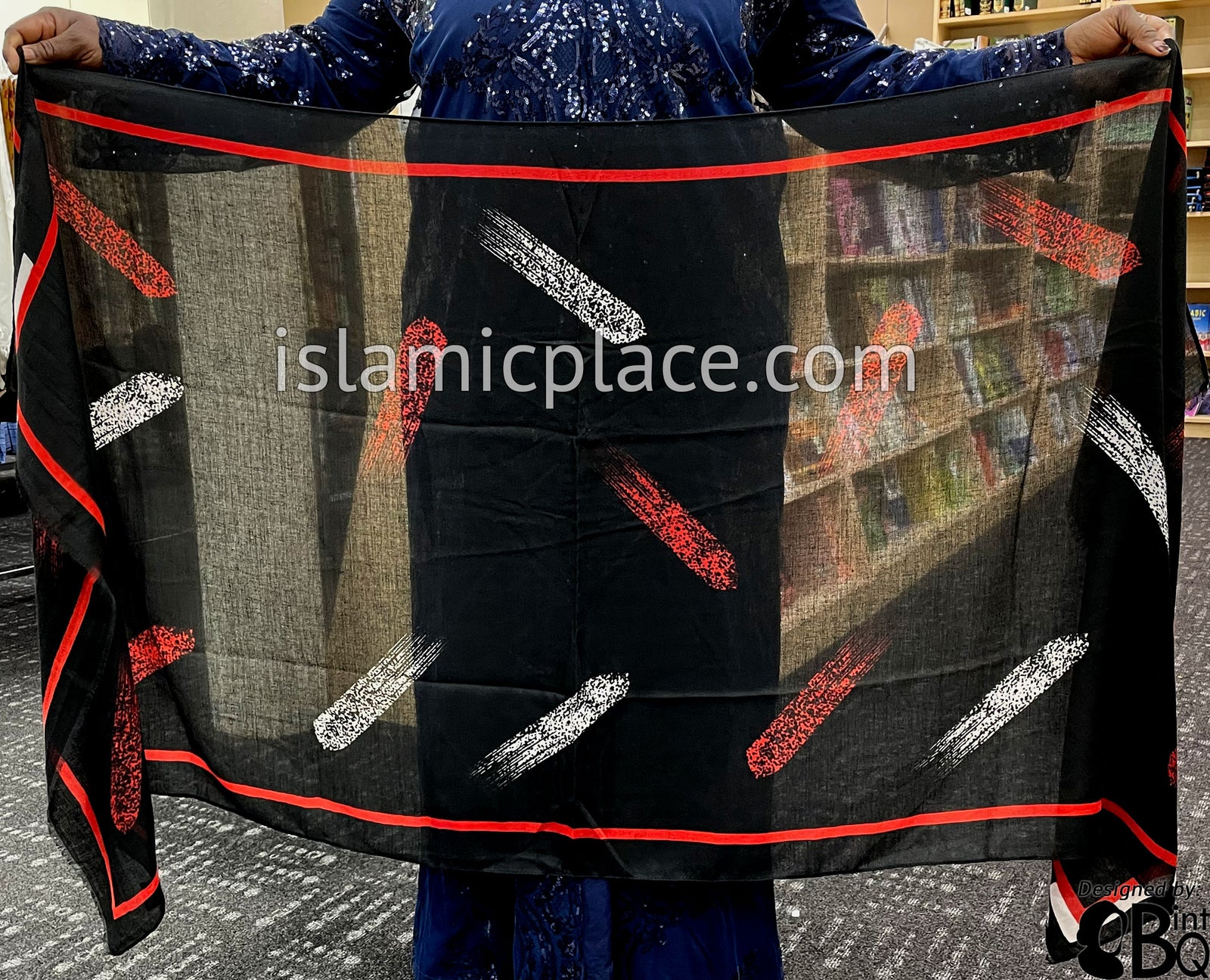 Black with Red and White Paint Brush Stroke - Soft Viscose Printed Shayla Long Rectangle Hijab 34"x72"
