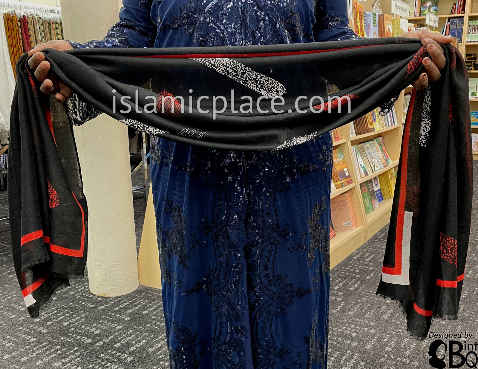 Black with Red and White Paint Brush Stroke - Soft Viscose Printed Shayla Long Rectangle Hijab 34"x72"