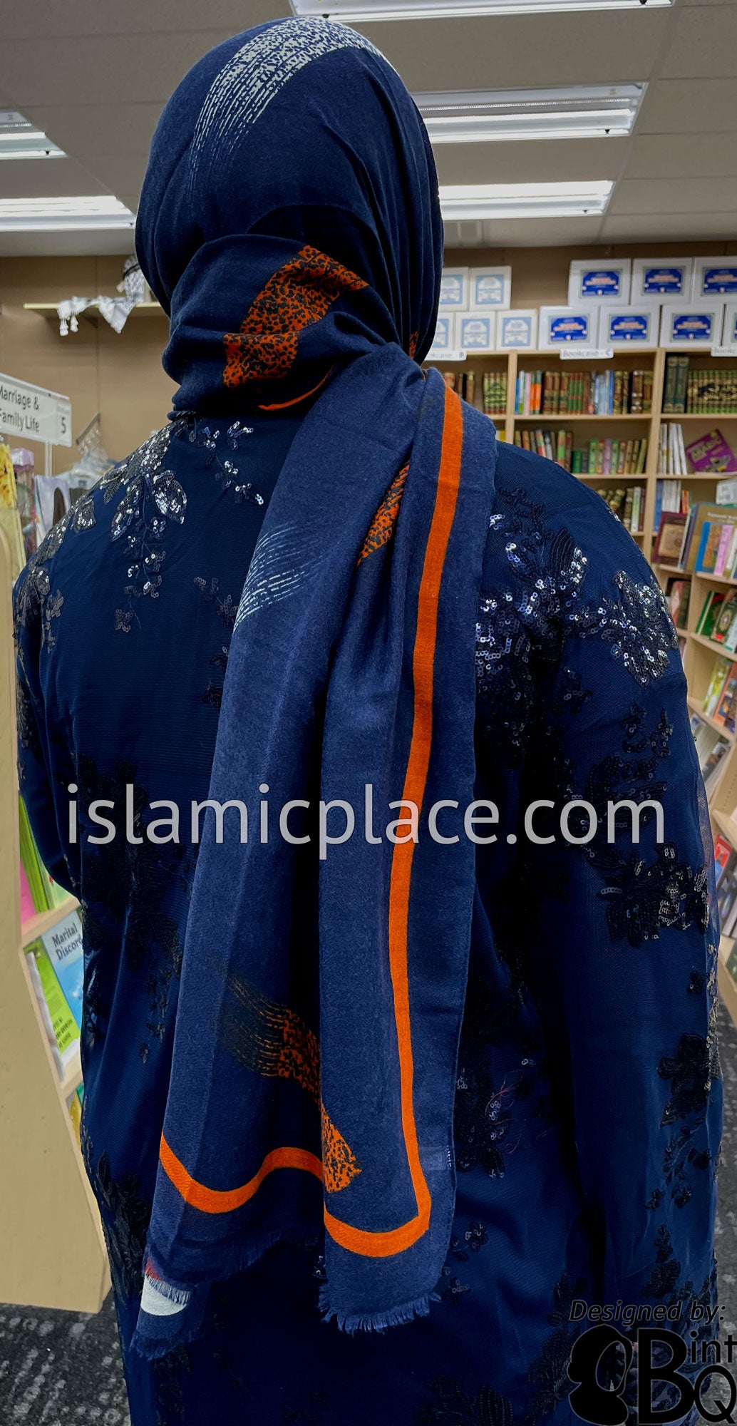Navy with Orange and White Paint Brush Stroke - Soft Viscose Printed Shayla Long Rectangle Hijab 34&quot;x72&quot;
