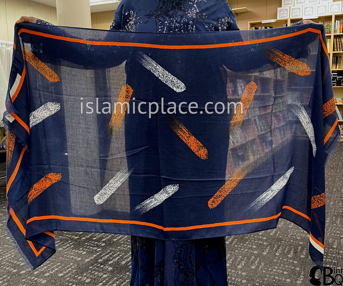 Navy with Orange and White Paint Brush Stroke - Soft Viscose Printed Shayla Long Rectangle Hijab 34"x72"