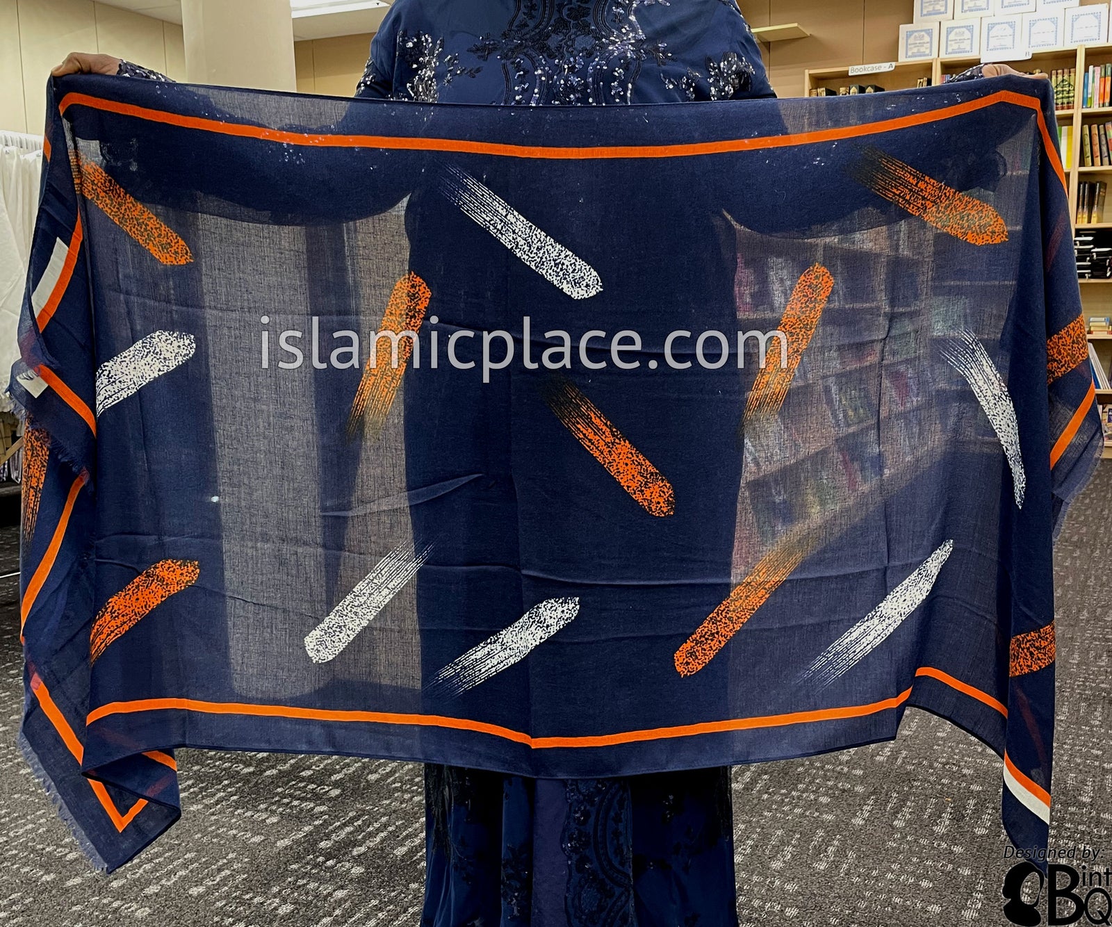 Navy with Orange and White Paint Brush Stroke - Soft Viscose Printed Shayla Long Rectangle Hijab 34"x72"