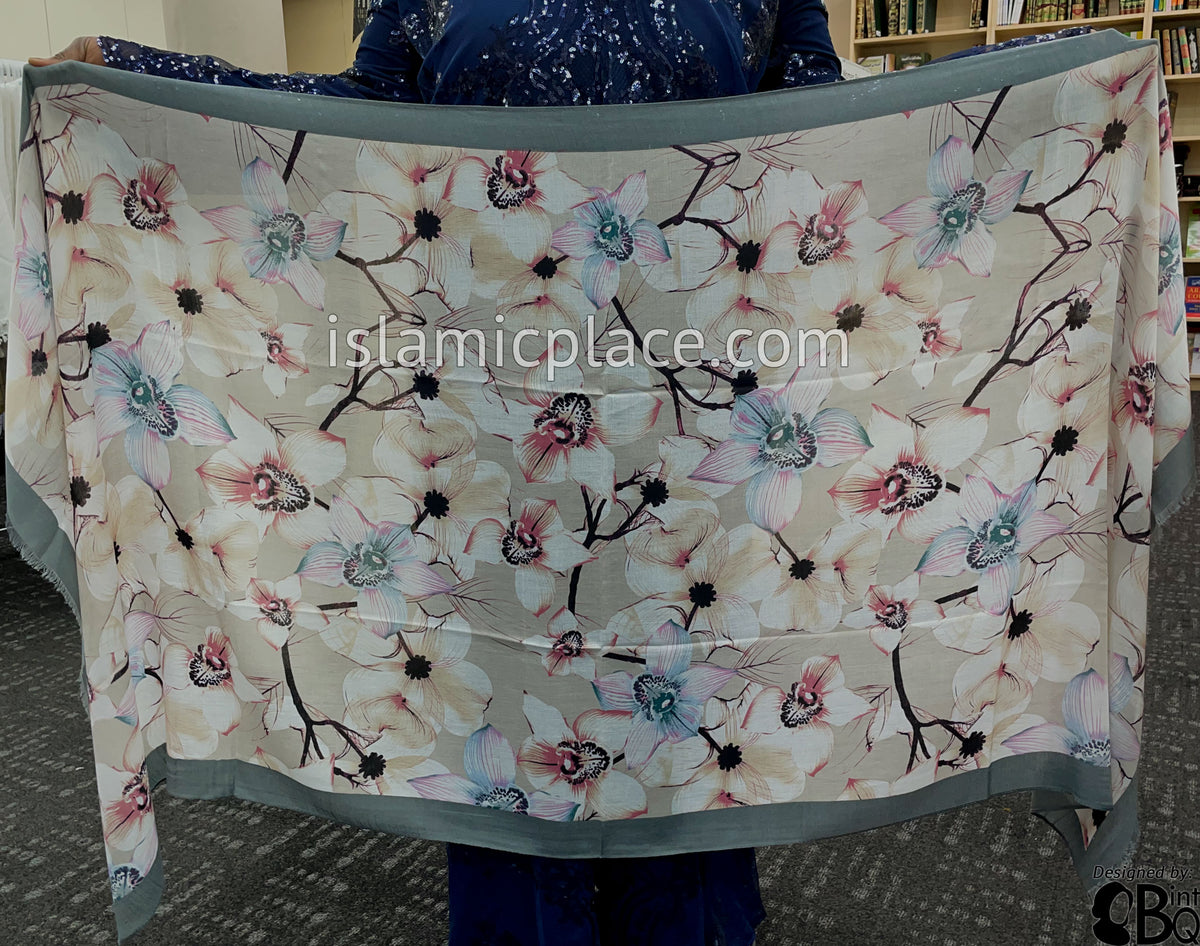 Gray Border with Pink, Gray and Dark Plum Flower Branches - Soft Viscose Printed Shayla Long Rectangle Hijab 34"x72"