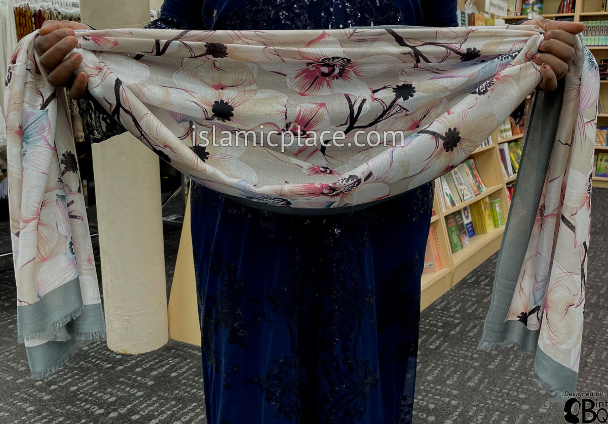 Gray Border with Pink, Gray and Dark Plum Flower Branches - Soft Viscose Printed Shayla Long Rectangle Hijab 34"x72"