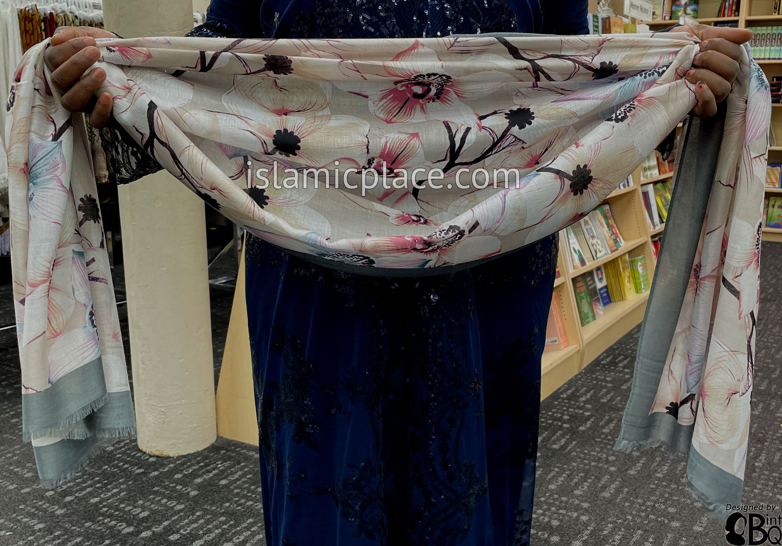 Gray Border with Pink, Gray and Dark Plum Flower Branches - Soft Viscose Printed Shayla Long Rectangle Hijab 34"x72"
