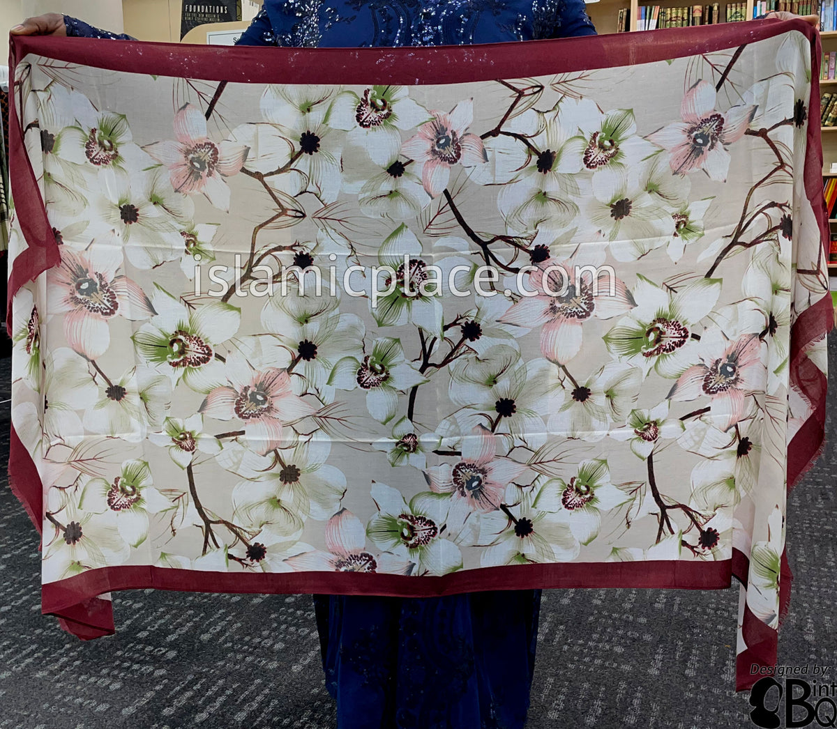 Burgundy Border with Pink, Green and Black Flower Branches - Soft Viscose Printed Shayla Long Rectangle Hijab 34"x72"