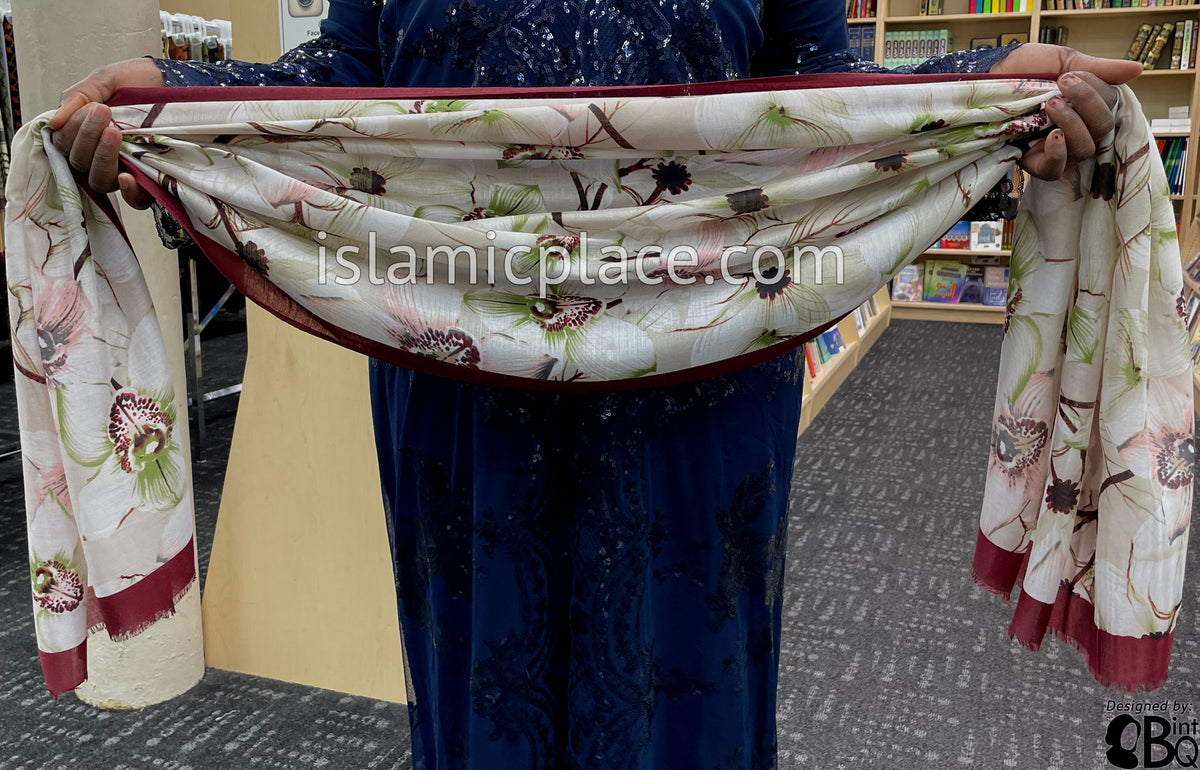 Burgundy Border with Pink, Green and Black Flower Branches - Soft Viscose Printed Shayla Long Rectangle Hijab 34"x72"