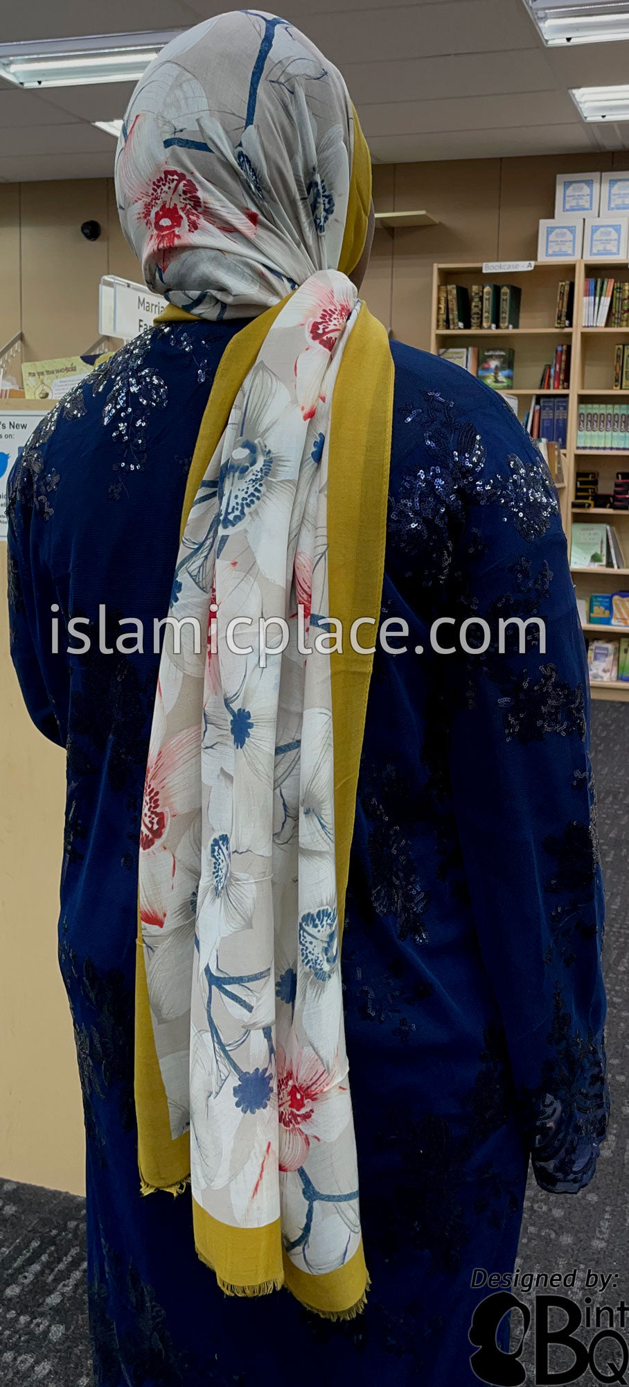 Gold Border with Red, Steel Blue and White Flower Branches - Soft Viscose Printed Shayla Long Rectangle Hijab 34&quot;x72&quot;
