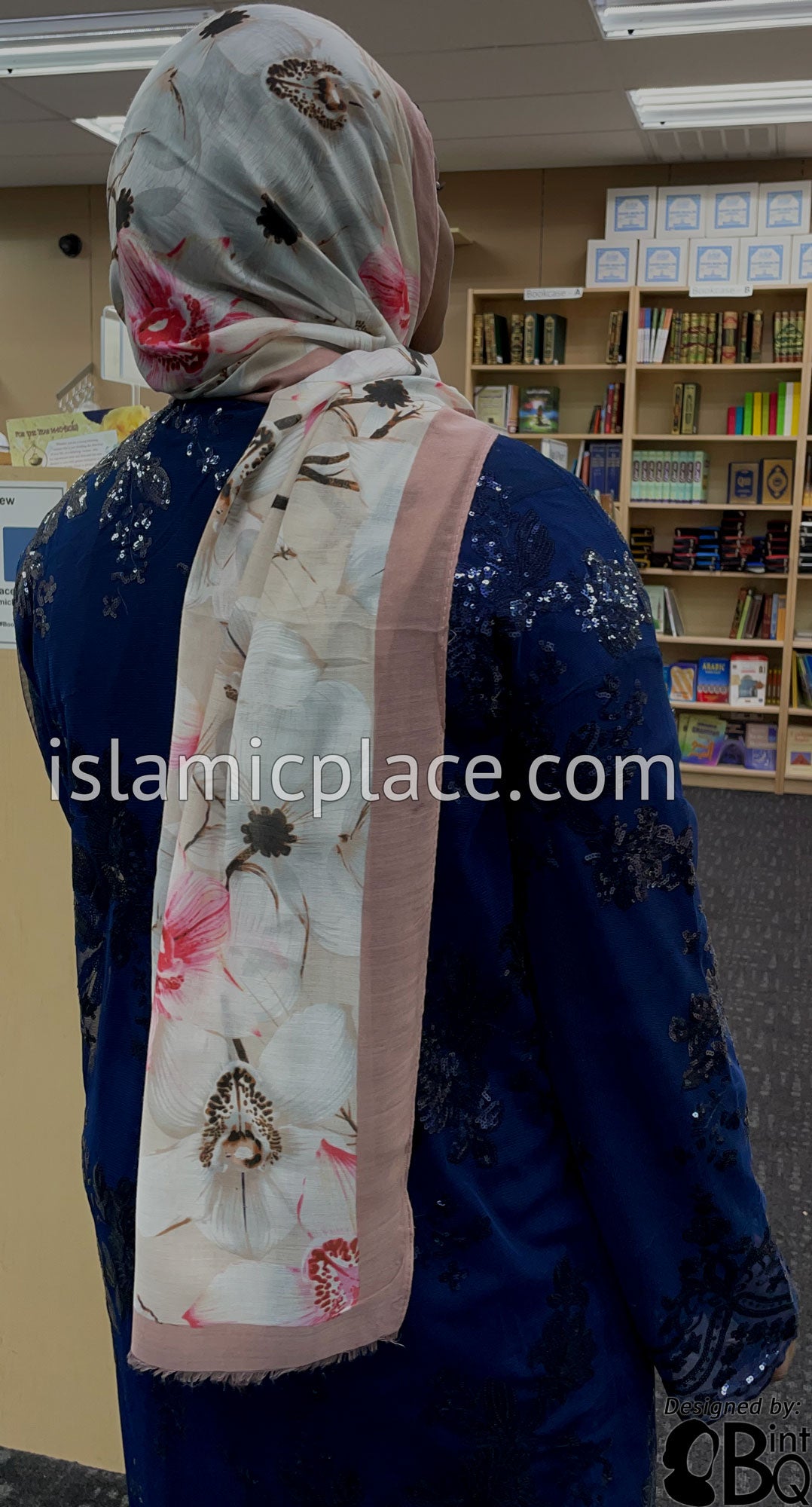 Dusty Rose Border with Pink, Brown and Warm Ivory Flower Branches - Soft Viscose Printed Shayla Long Rectangle Hijab 34&quot;x72&quot;