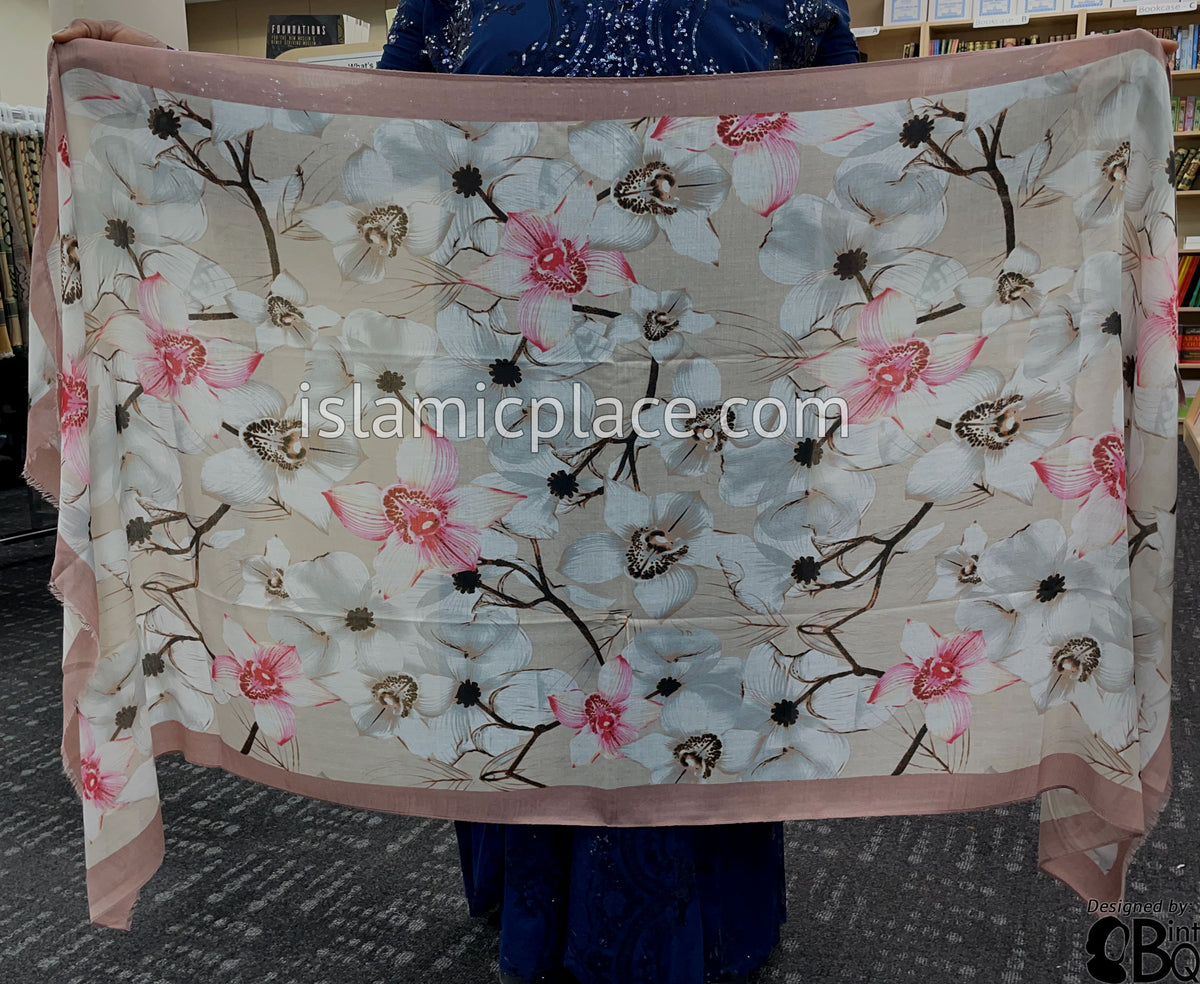 Dusty Rose Border with Pink, Brown and Warm Ivory Flower Branches - Soft Viscose Printed Shayla Long Rectangle Hijab 34"x72"