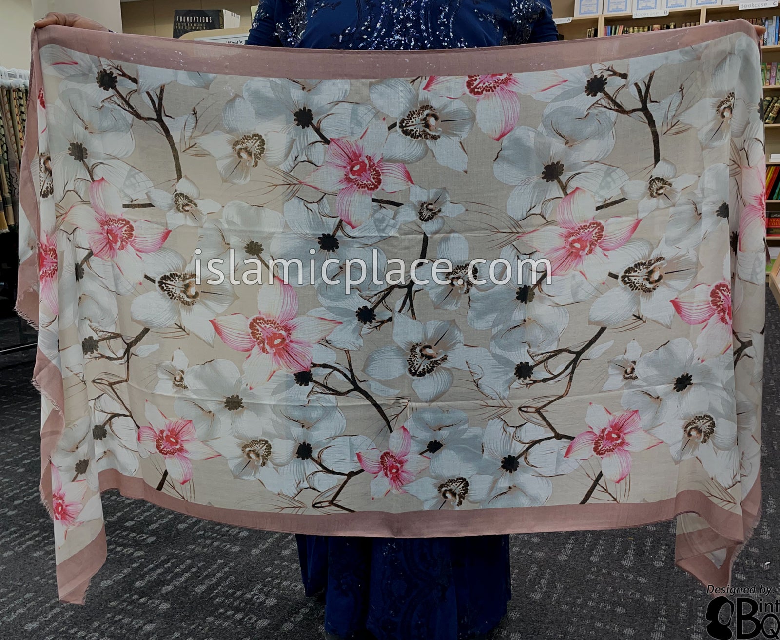 Dusty Rose Border with Pink, Brown and Warm Ivory Flower Branches - Soft Viscose Printed Shayla Long Rectangle Hijab 34"x72"