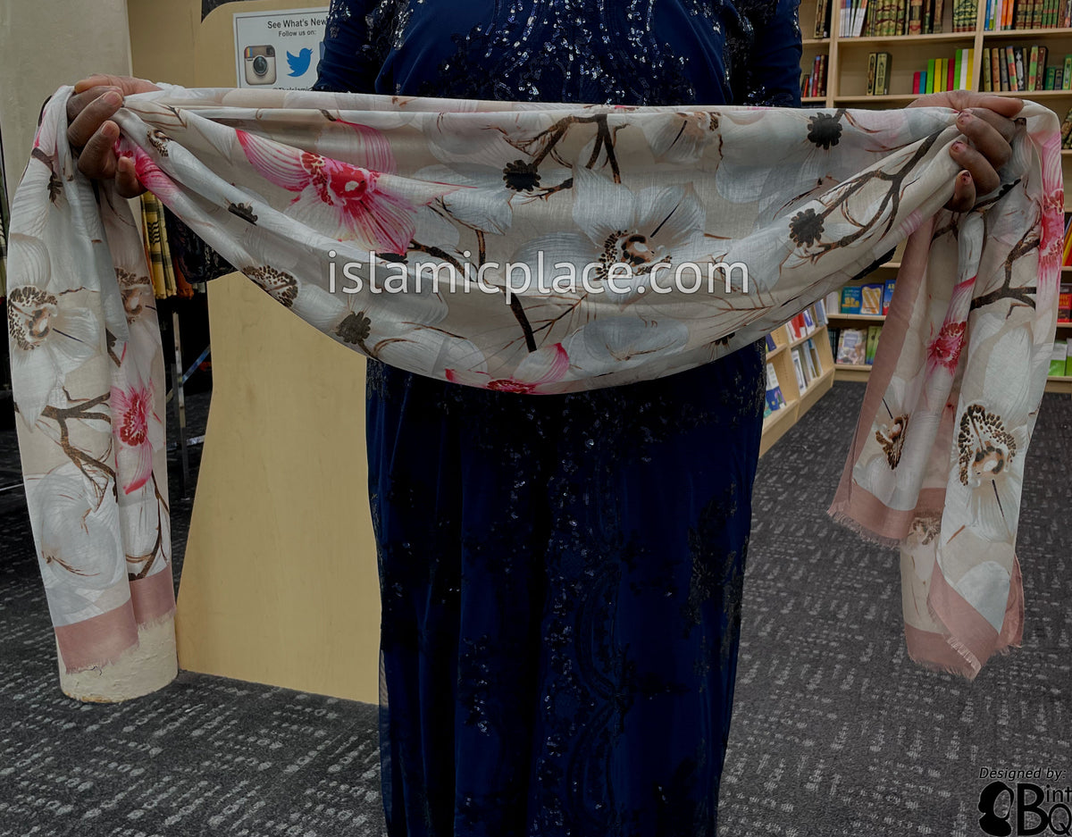 Dusty Rose Border with Pink, Brown and Warm Ivory Flower Branches - Soft Viscose Printed Shayla Long Rectangle Hijab 34"x72"