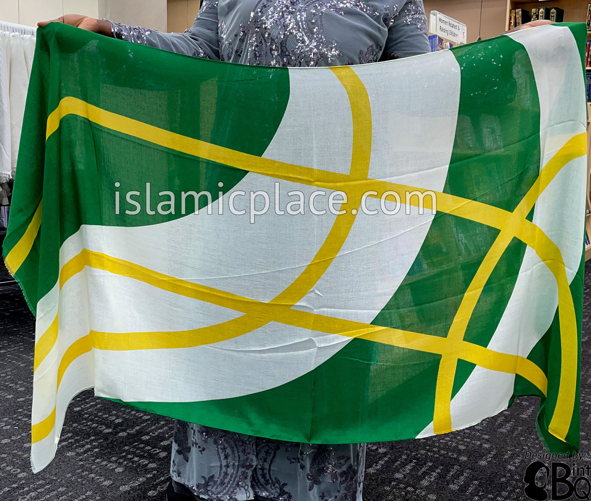 Yellow Crossing Lines on White and Green Base - Soft Viscose Printed Shayla Long Rectangle Hijab 34"x72"
