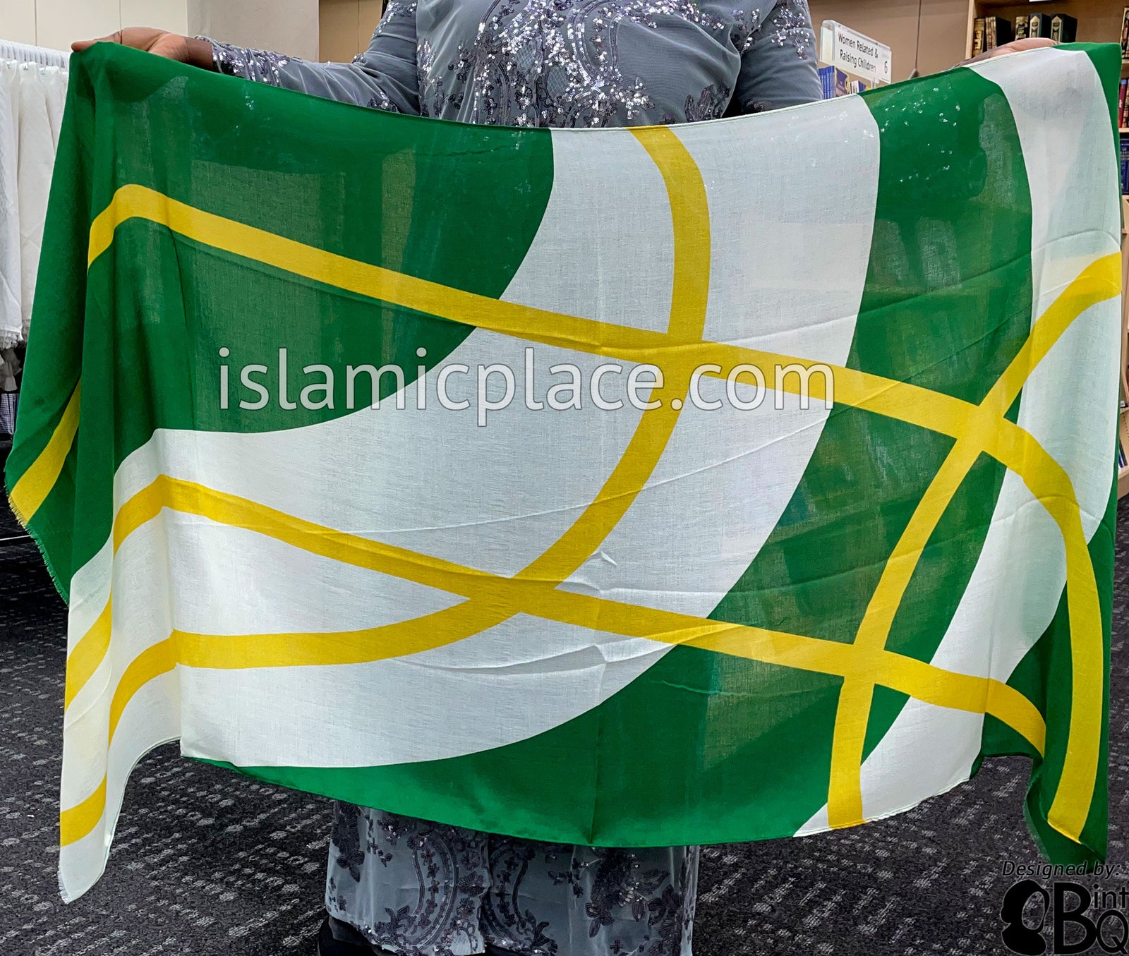 Yellow Crossing Lines on White and Green Base - Soft Viscose Printed Shayla Long Rectangle Hijab 34"x72"