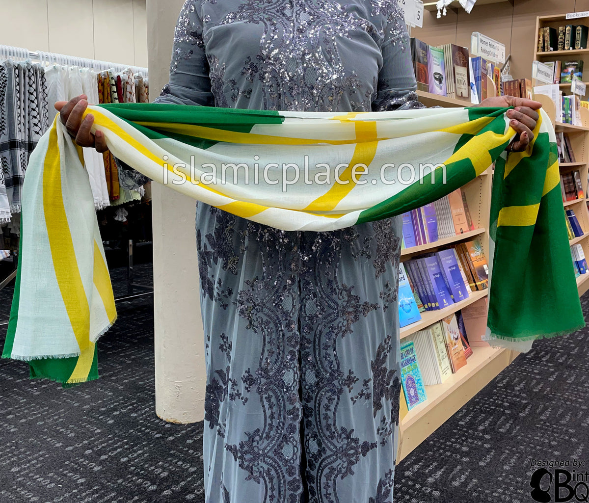 Yellow Crossing Lines on White and Green Base - Soft Viscose Printed Shayla Long Rectangle Hijab 34"x72"
