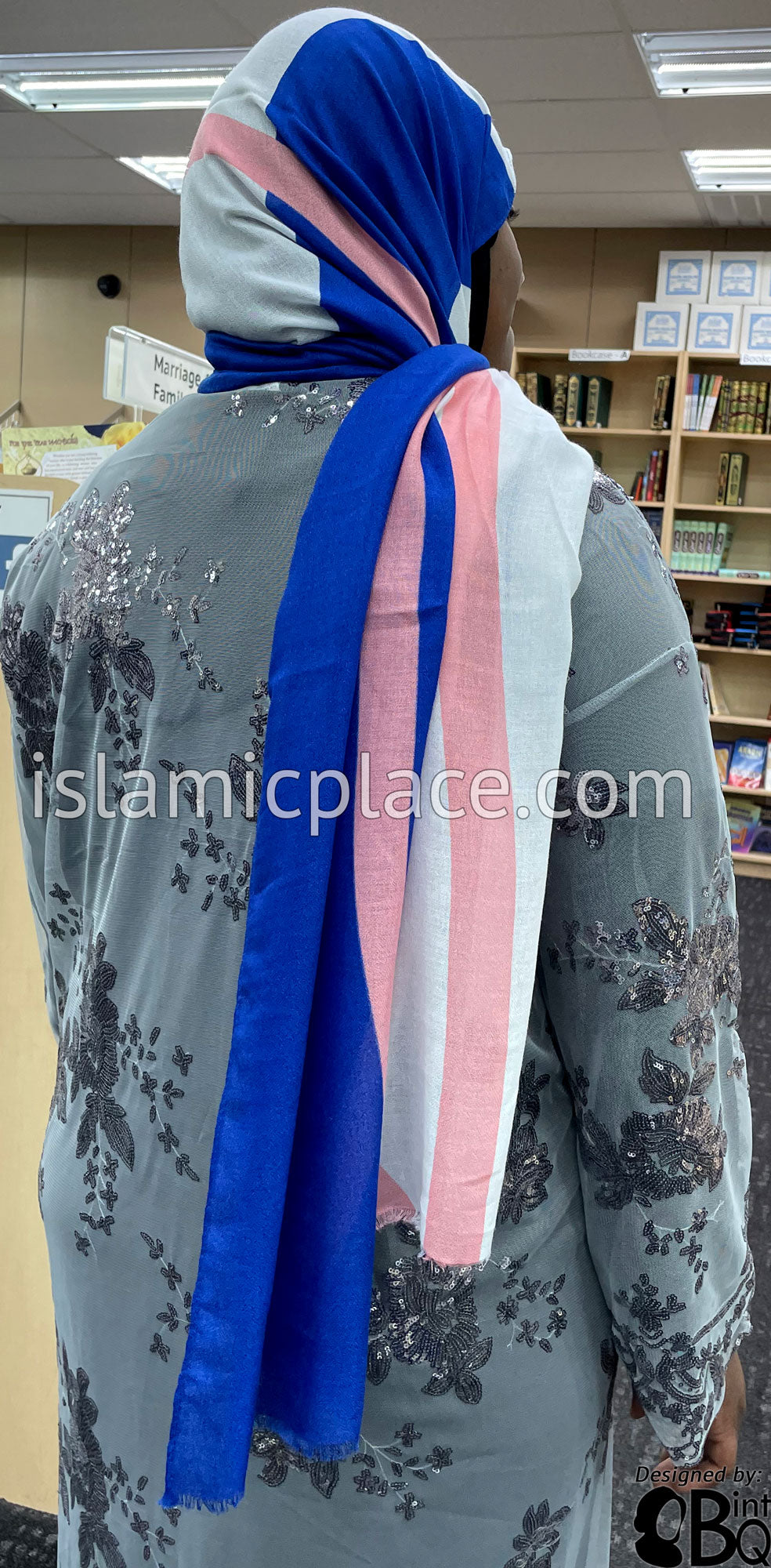 Pink Crossing Lines on Royal Blue and white Base - Soft Viscose Printed Shayla Long Rectangle Hijab 34"x72"