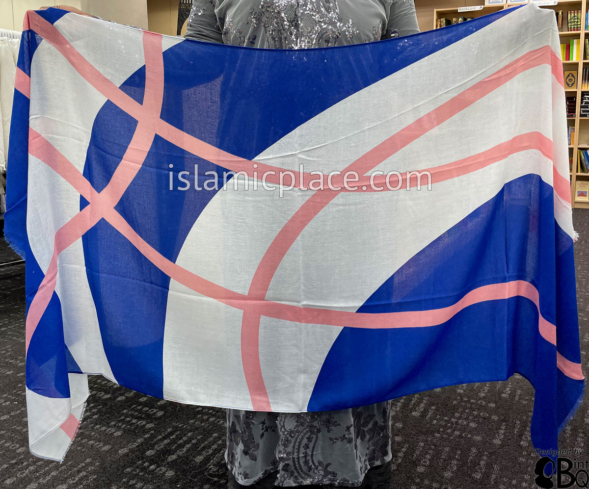 Pink Crossing Lines on Royal Blue and white Base - Soft Viscose Printed Shayla Long Rectangle Hijab 34"x72"