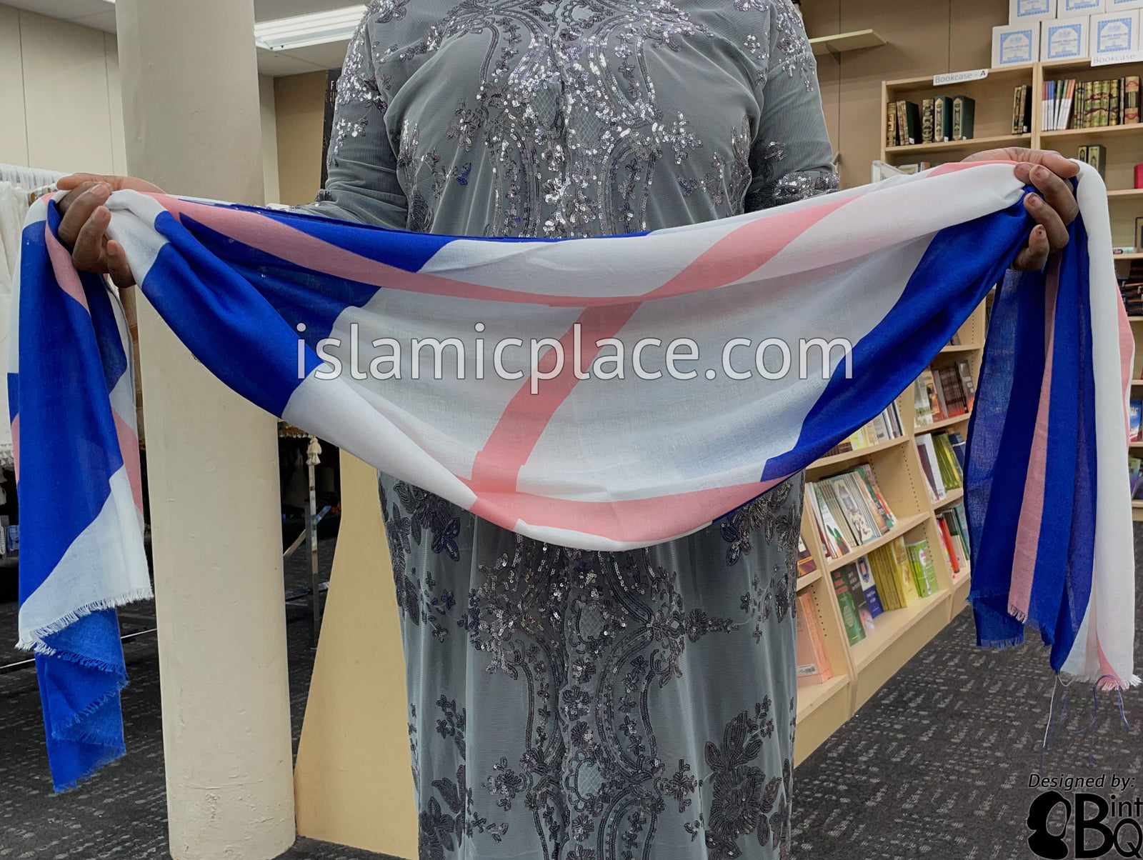 Pink Crossing Lines on Royal Blue and white Base - Soft Viscose Printed Shayla Long Rectangle Hijab 34"x72"