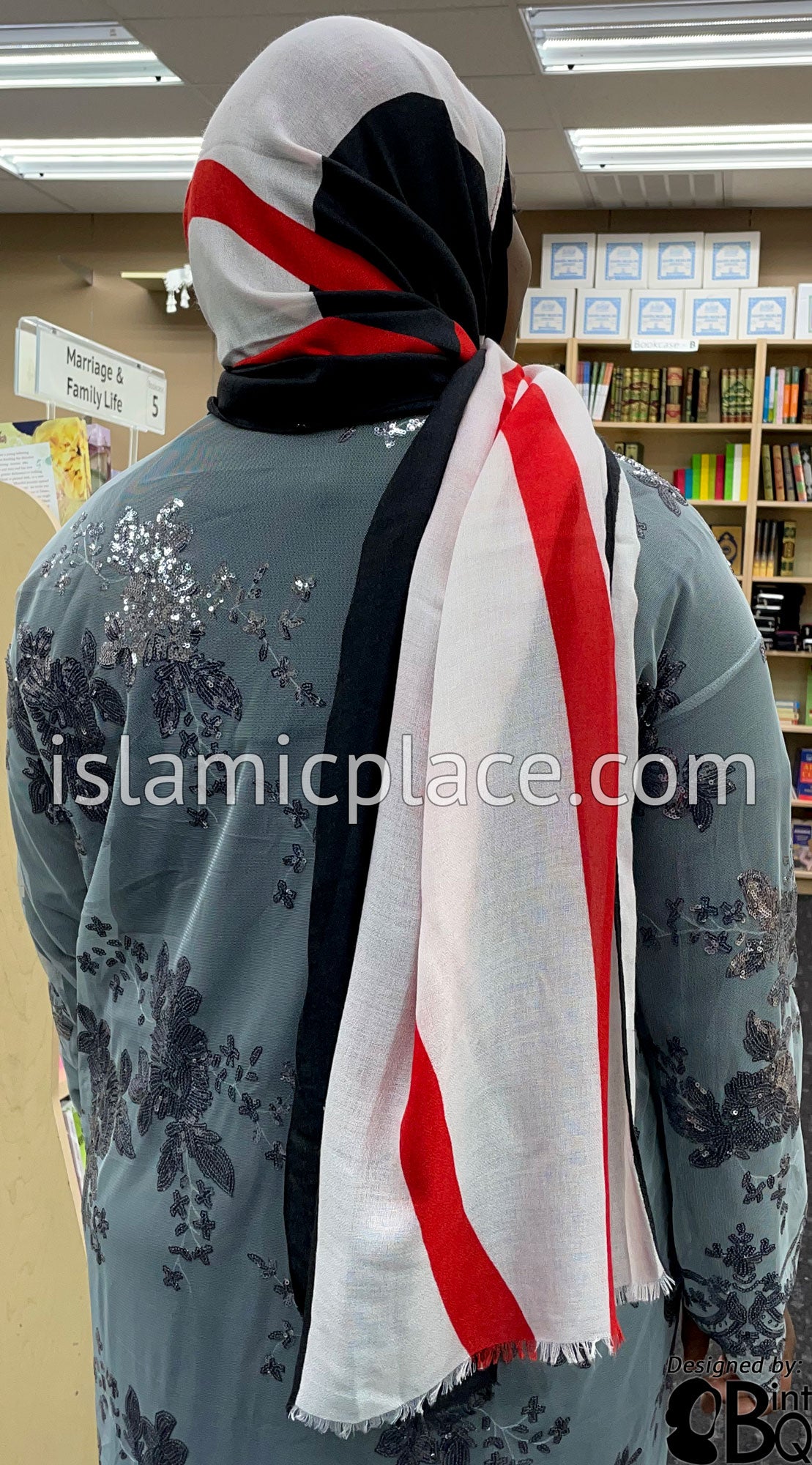 Red Crossing Lines on Black and White Base - Soft Viscose Printed Shayla Long Rectangle Hijab 34&quot;x72&quot;