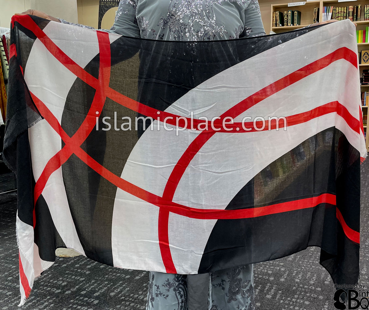 Red Crossing Lines on Black and White Base - Soft Viscose Printed Shayla Long Rectangle Hijab 34"x72"