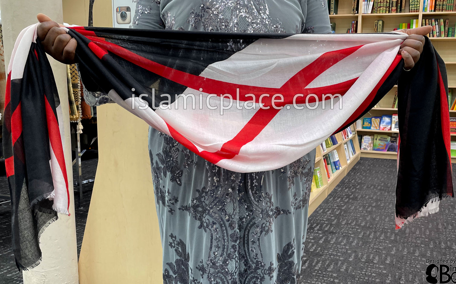 Red Crossing Lines on Black and White Base - Soft Viscose Printed Shayla Long Rectangle Hijab 34"x72"